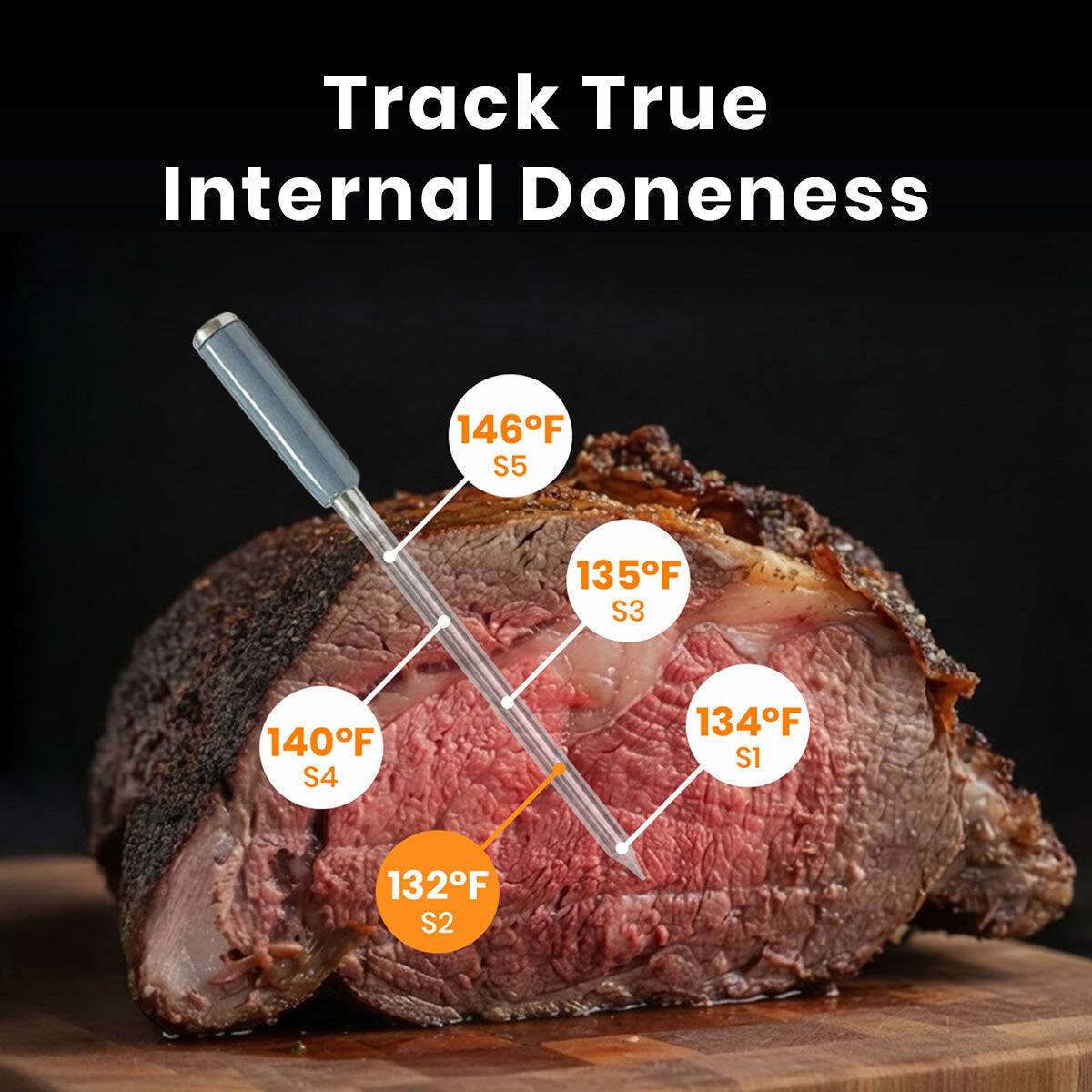 Track True Internal Doneness

146°F S5  
135°F S3  
140°F S4  
134°F S1  
132°F S2