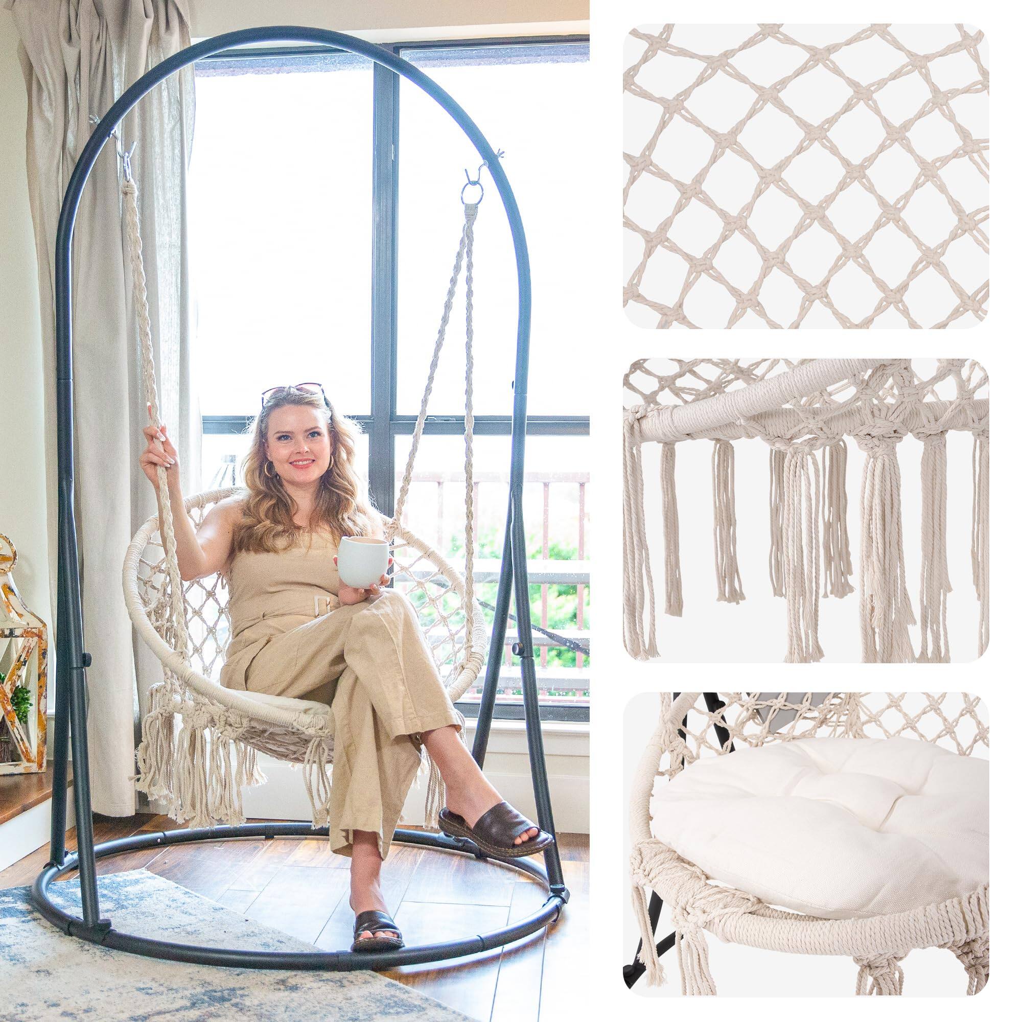 Alt View 2. JETRANSPORT - Hammock Chair With Stand Included Heavy Duty Hanging 330 Lbs Capacity Pending Beige Hammock Chair with Stand - Beige Chair.