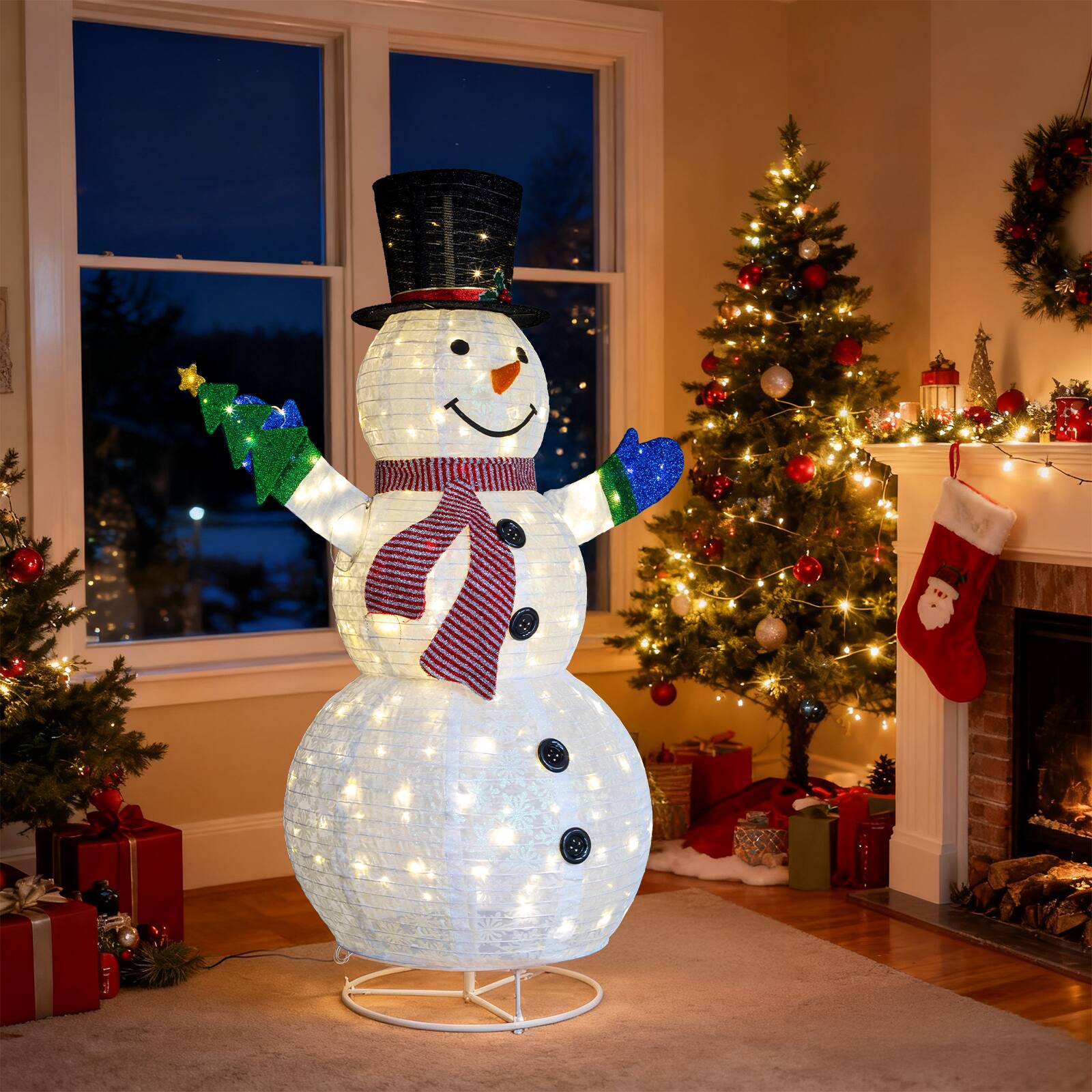 Front. Winado - 5.7 FT Christmas Snowman Holding Christmas Tree with Lights for In/Outdoor Holiday Party Decoration - White.
