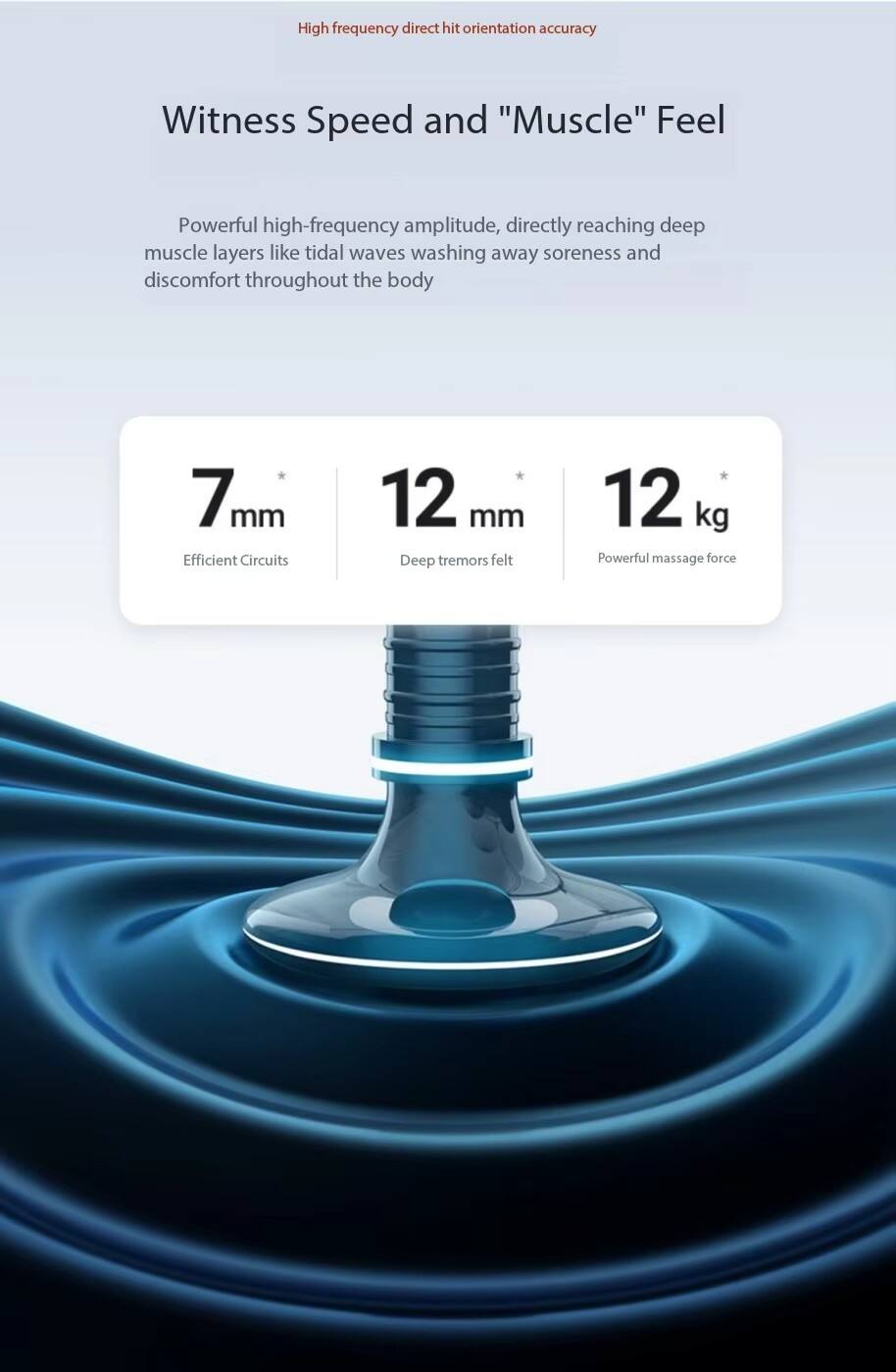 High frequency direct hit orientation accuracy

Witness Speed and "Muscle" Feel

Powerful high-frequency amplitude, directly reaching deep muscle layers like tidal waves washing away soreness and discomfort throughout the body

7 mm  
Efficient Circuits

12 mm  
Deep tremors felt

12 kg  
Powerful massage force