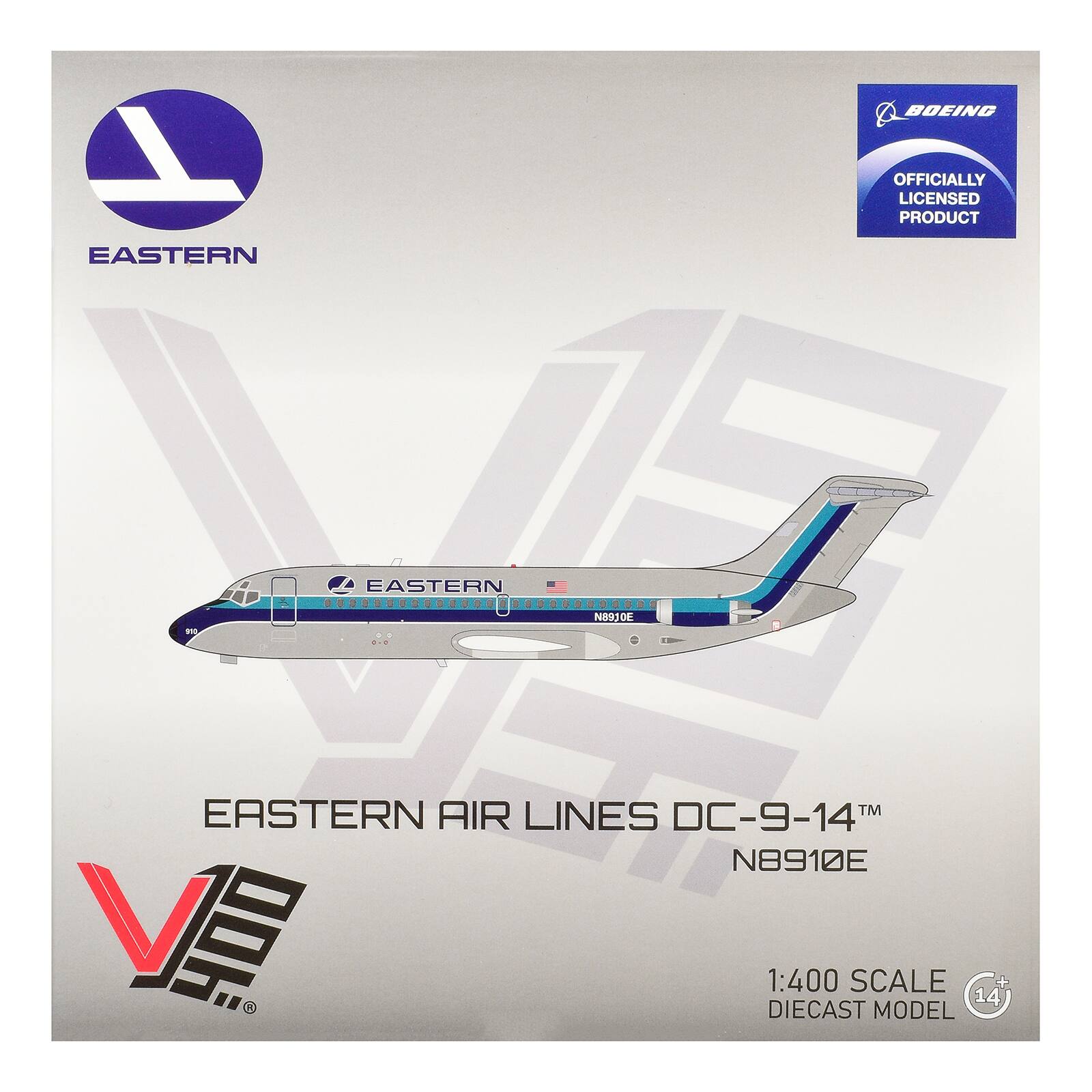 EASTERN  
BOEING OFFICIALLY LICENSED PRODUCT  
EASTERN  
N8910E  
EASTERN AIR LINES DC-9-14 N8910E  
1:400 SCALE 14 DIECAST MODEL