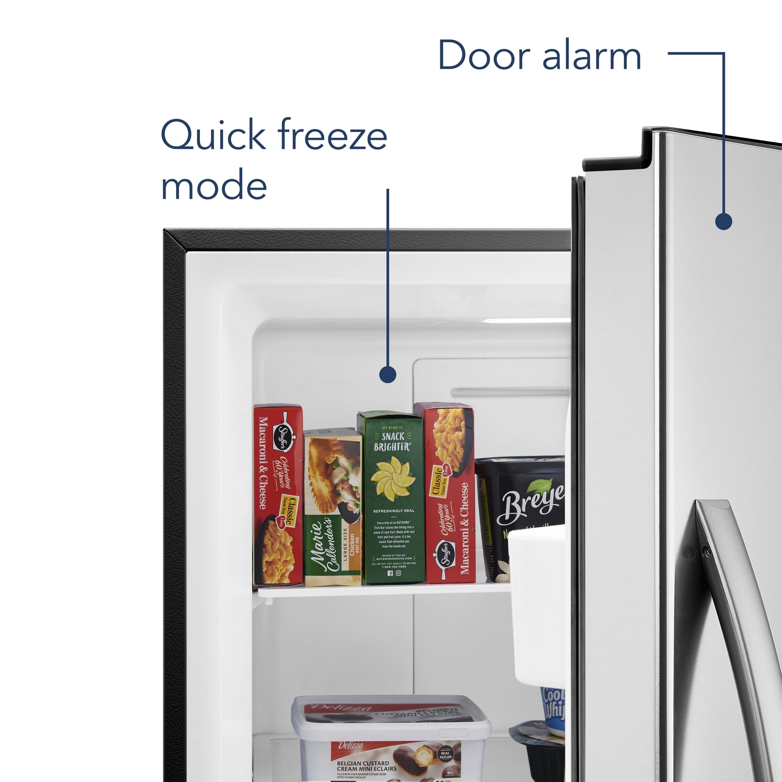 The text on the image is grouped and corrected as follows:
1. Door alarm: This is a feature that alerts the user when the refrigerator door is left open.
2. Quick freeze mode: This mode allows the user to quickly freeze food items by lowering the temperature inside the refrigerator.
3. Macaroni & Cheese: This is a popular snack that can be stored in the refrigerator.
4. Marie Callender's: This is a brand of frozen food products, including macaroni and cheese.
5. Classic Cheese: This is a type of macaroni and cheese.
6. Smoked Gouda Cheese: This is another type of macaroni and cheese.
7. Brighten Snack: This is a snack that can be stored in the refrigerator.
8. Marie Callender's: This is a brand of frozen food products.
9. Classic Macaroni & Cheese: This is a type of macaroni and cheese.
10. Colleen's Cheese: This is a type of macaroni and cheese.