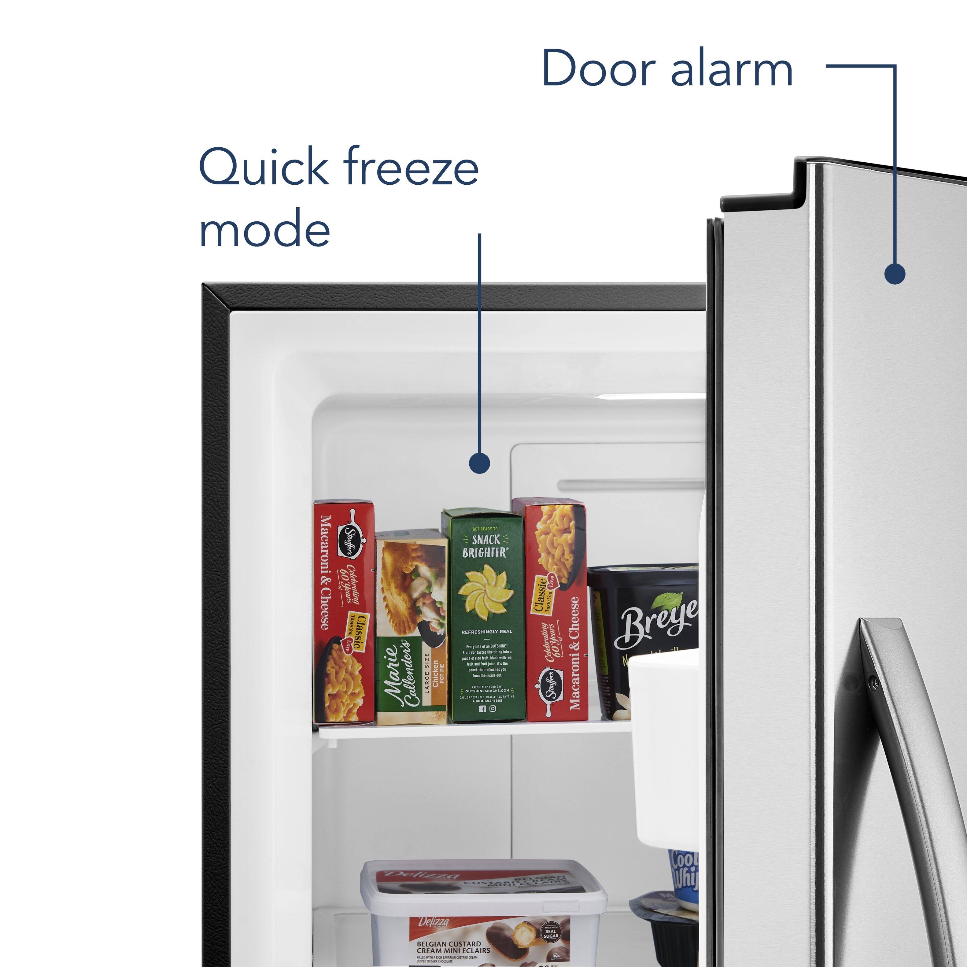 The text on the image is grouped and corrected as follows:

1. Door alarm: This is a feature that alerts the user when the refrigerator door is left open.
2. Quick freeze mode: This mode allows the user to quickly freeze food items by lowering the temperature inside the refrigerator.
3. Macaroni & Cheese: This is a popular snack that can be stored in the refrigerator.
4. Marie Callender's: This is a brand of frozen food products, including macaroni and cheese.
5. Classic Cheese: This is a type of macaroni and cheese.
6. Smoked Gouda Cheese: This is another type of macaroni and cheese.
7. Brighten Snack: This is a snack that can be stored in the refrigerator.
8. Marie Callender's: This is a brand of frozen food products.
9. Classic Macaroni & Cheese: This is a type of macaroni and cheese.
10. Colleen's Cheese: This is a type of macaroni and cheese.