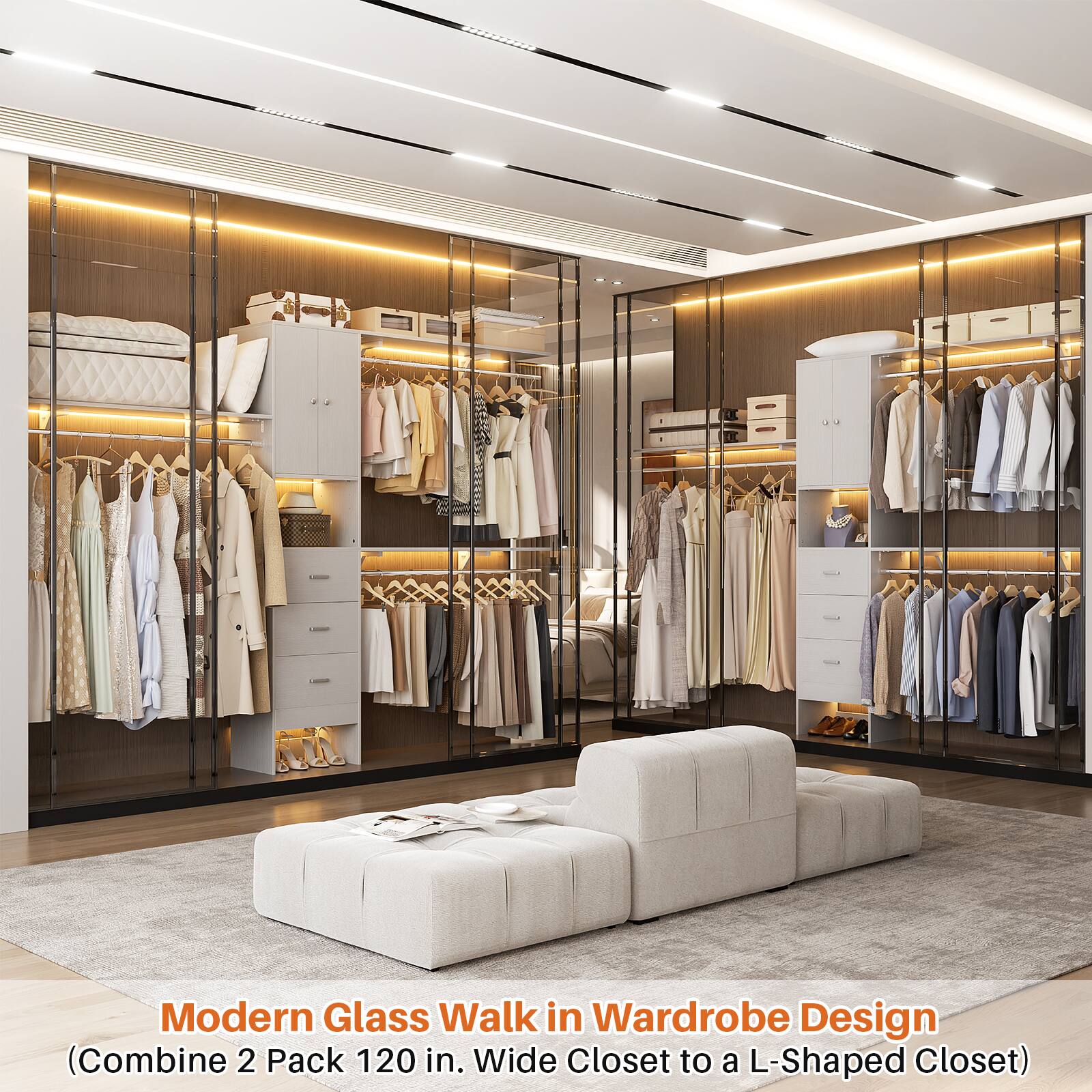 Modern Glass Walk in Wardrobe Design  
(Combine 2 Pack 120 in. Wide Closet to a L-Shaped Closet)