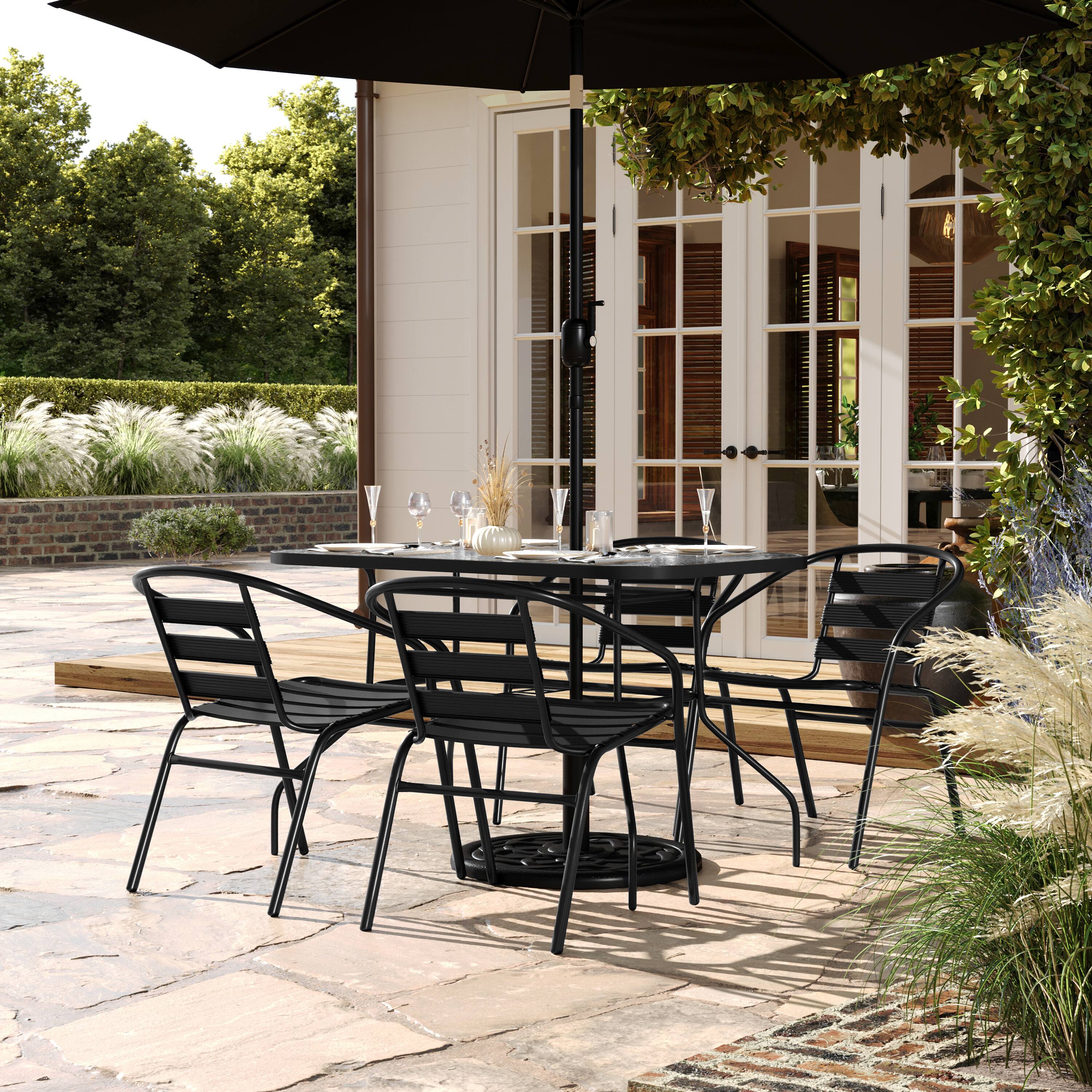 Alt View 1. Flash Furniture - Lila 5 Piece Commercial Outdoor Patio Dining Set with 47" Tempered Glass Patio Table with Umbrella Hole and 4 Black Trip - Black.