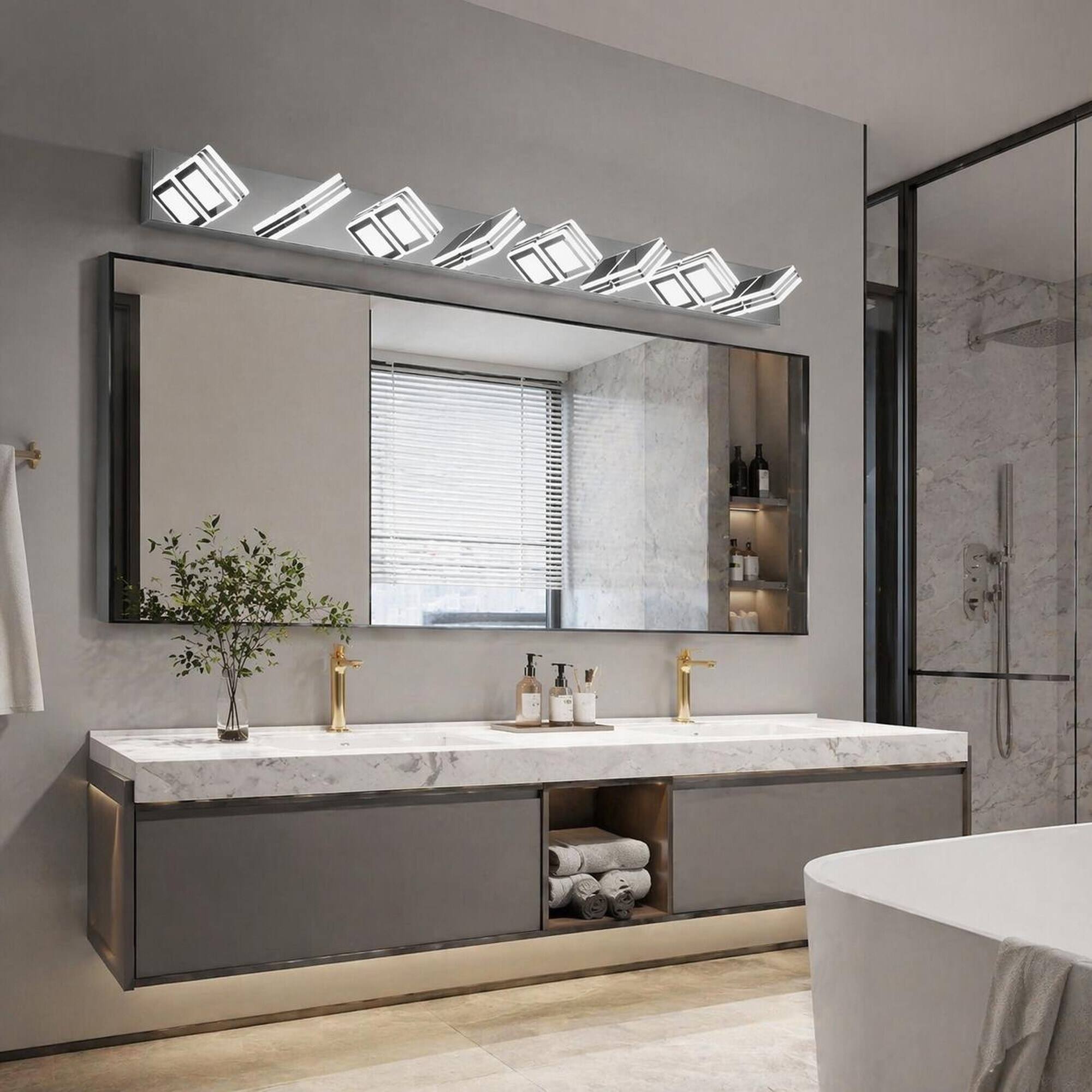 Left. RYHNUYNE - 52" Modern Chrome 8‑Light LED Vanity Light,Square Acrylic Shade Wall Mount Bathroom Vanity Light Fixture for Bath - Chrome.
