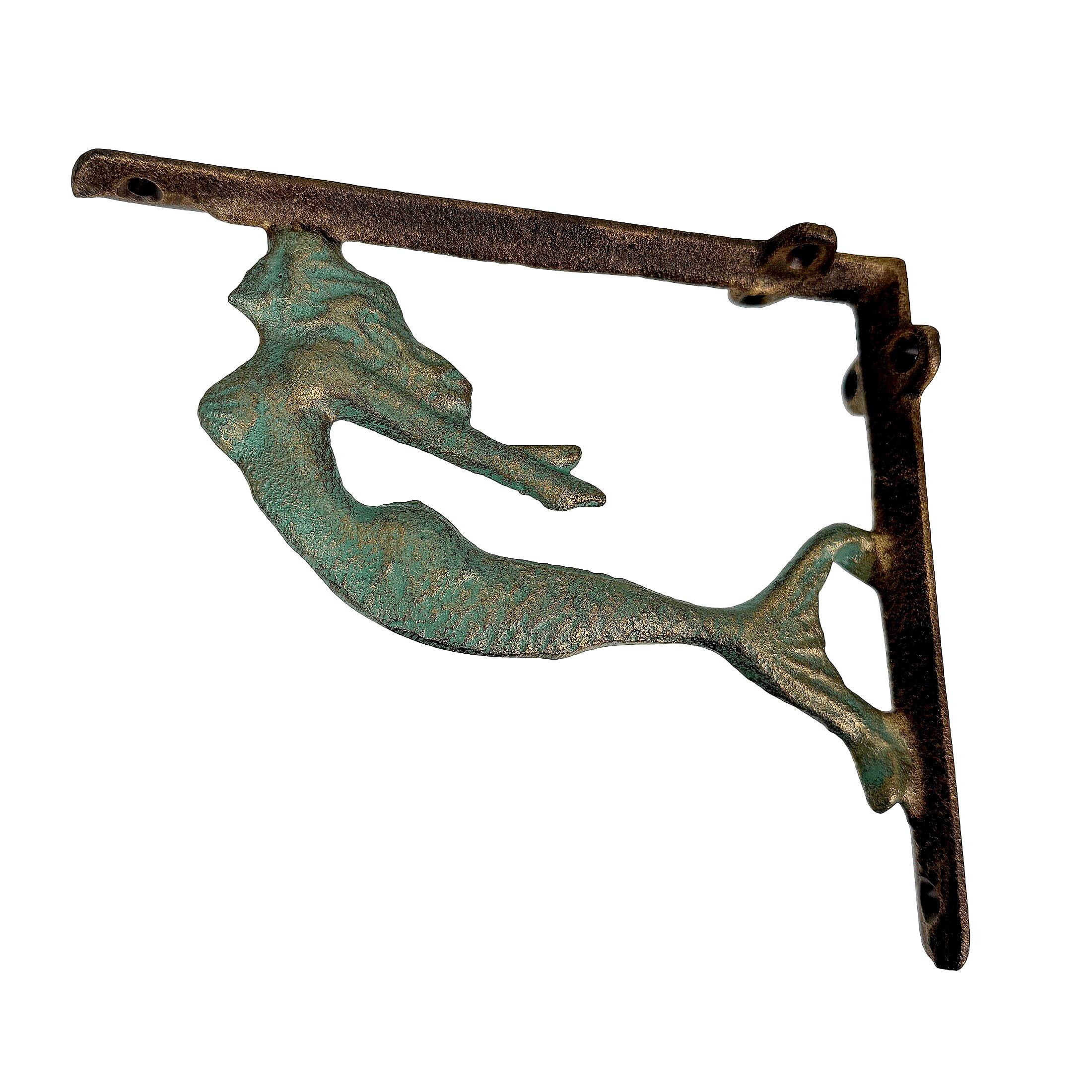 Alt View 1. Zeckos - Cast Iron Swimming Mermaid Wall Shelf Bracket Coastal Decor Set of 2, Verdigris and Bronze - Bronze.