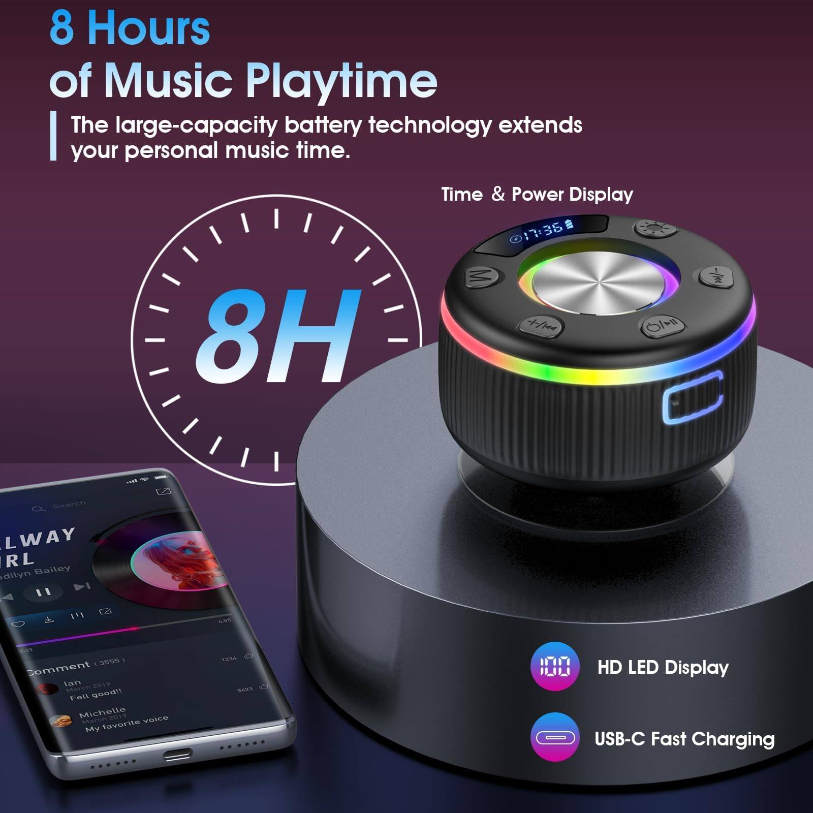 8 Hours of Music Playtime  
The large-capacity battery technology extends your personal music time.

8H

Time & Power Display  
17:36

HD LED Display

USB-C Fast Charging

Search  
LWAY RL  
Adiilyn Bailey

Comment (3555)  
Ian 2017  
Fell good!

Michelle 4501  
My favorite voice