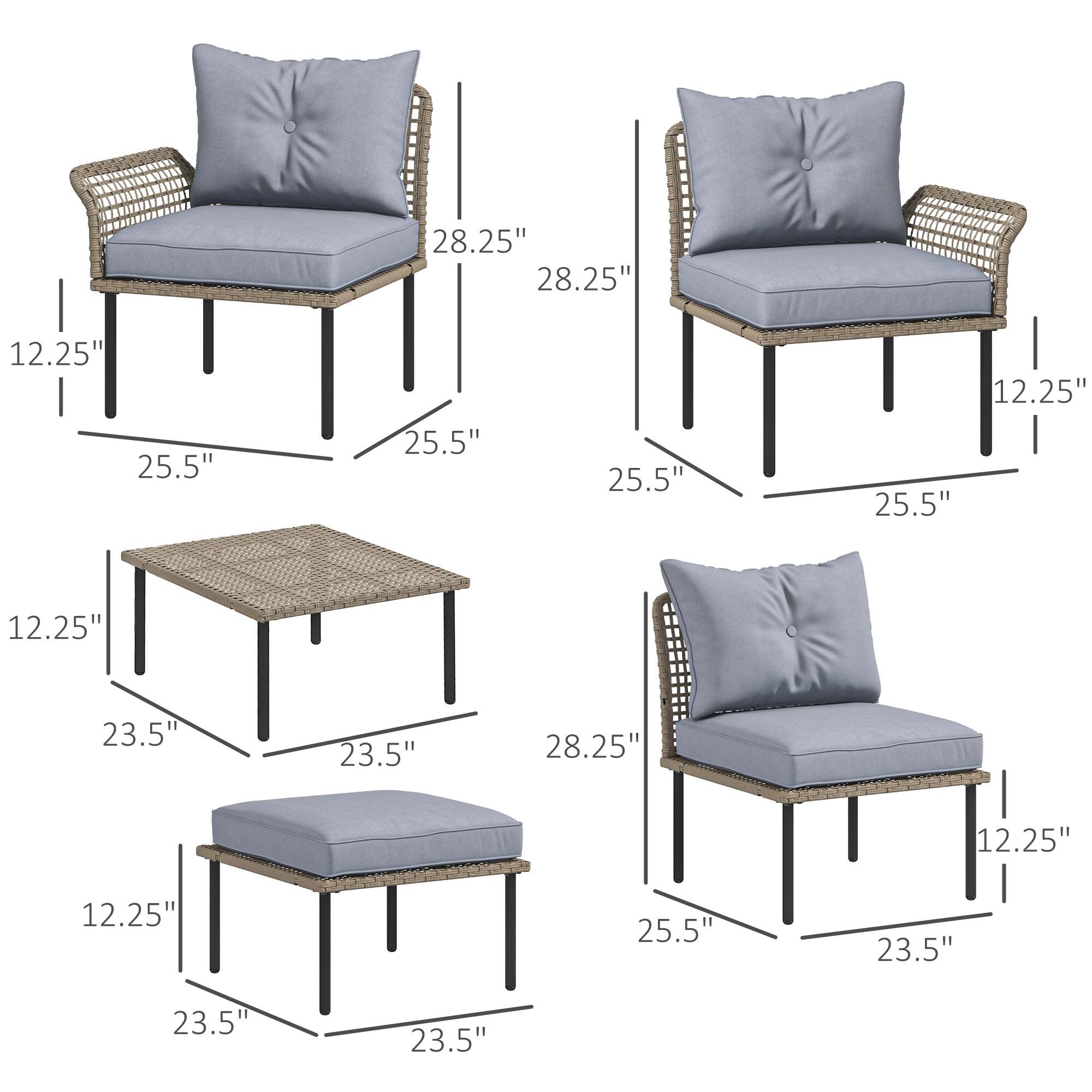 - Chair dimensions:
  - Height: 28.25"
  - Width: 25.5"
  - Depth: 12.25"

- Table dimensions:
  - Height: 23.5"
  - Width: 23.5"
  - Depth: 12.25"

- Ottoman dimensions:
  - Height: 12.25"
  - Width: 23.5"
  - Depth: 23.5"