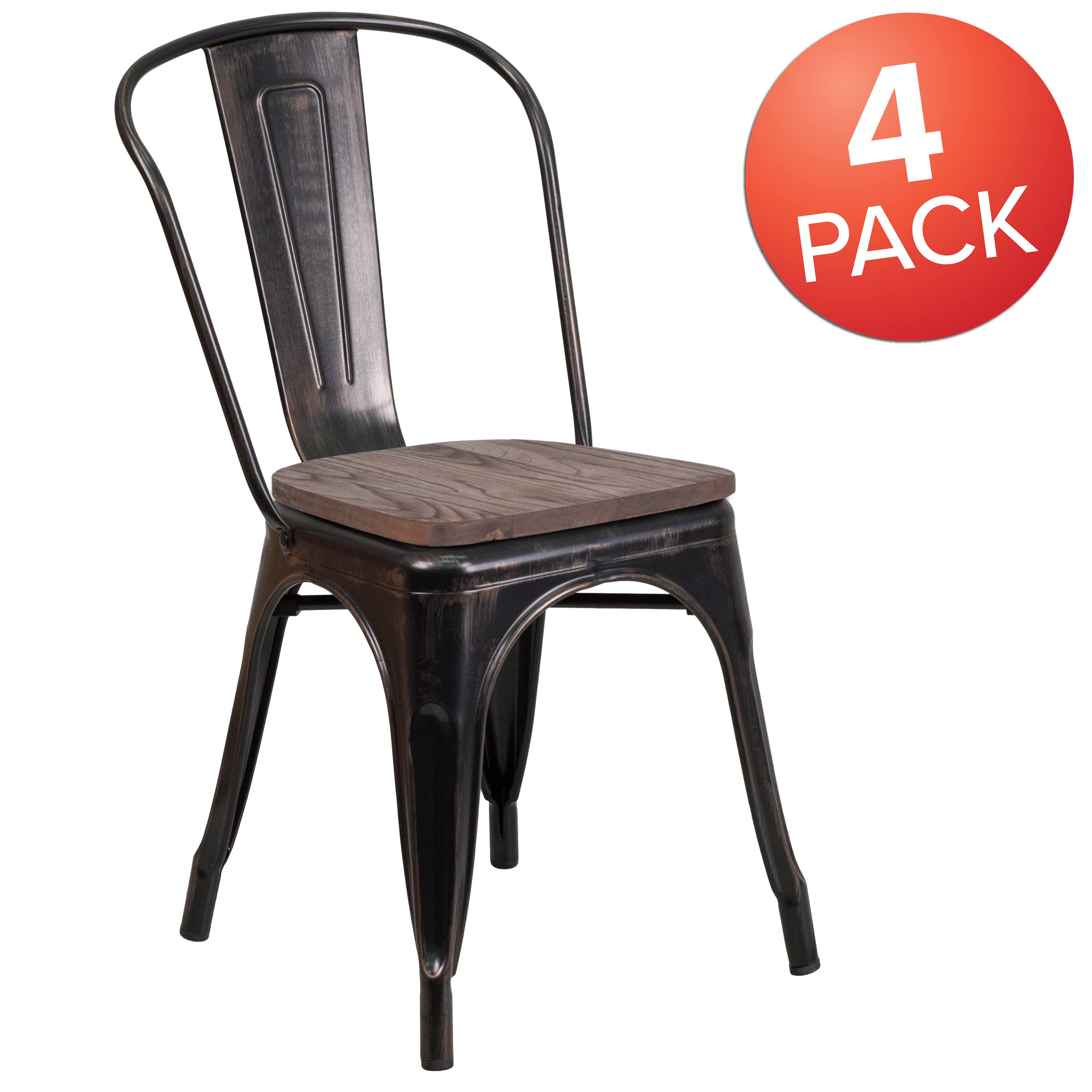 Alt View 2. Emma + Oliver - 4 Pack Metal Stackable Chair with Wood Seat - Black-Antique Gold.