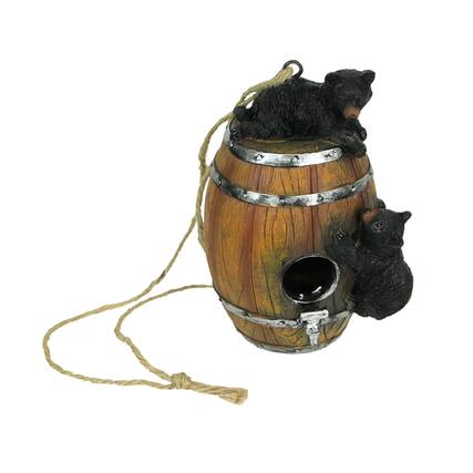 Front. Things2Die4 - Resin Black Bear Climbing Barrel Decorative Hanging Birdhouse Cabin Garden Decor - Multicolored.