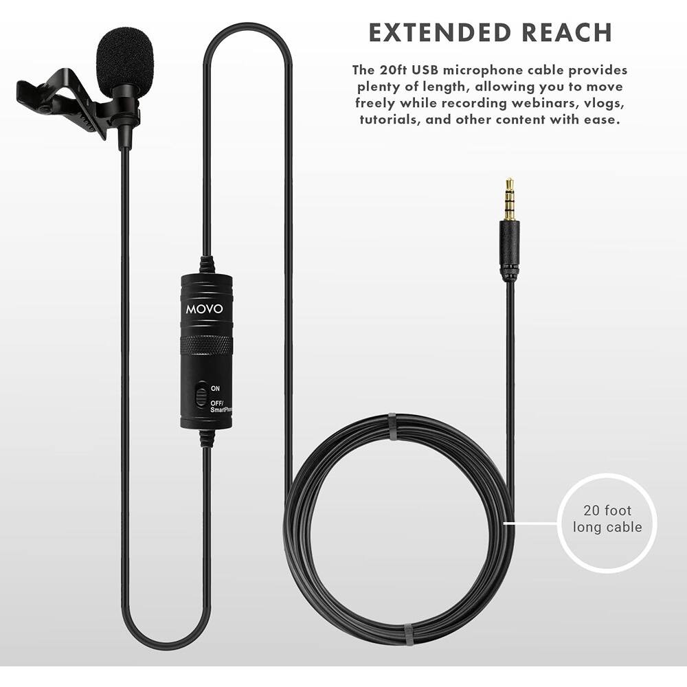 EXTENDED REACH  
The 20ft USB microphone cable provides plenty of length, allowing you to move freely while recording webinars, vlogs, tutorials, and other content with ease.  

MOVO  
ON  
OFF  
Smartphone  

20 foot long cable