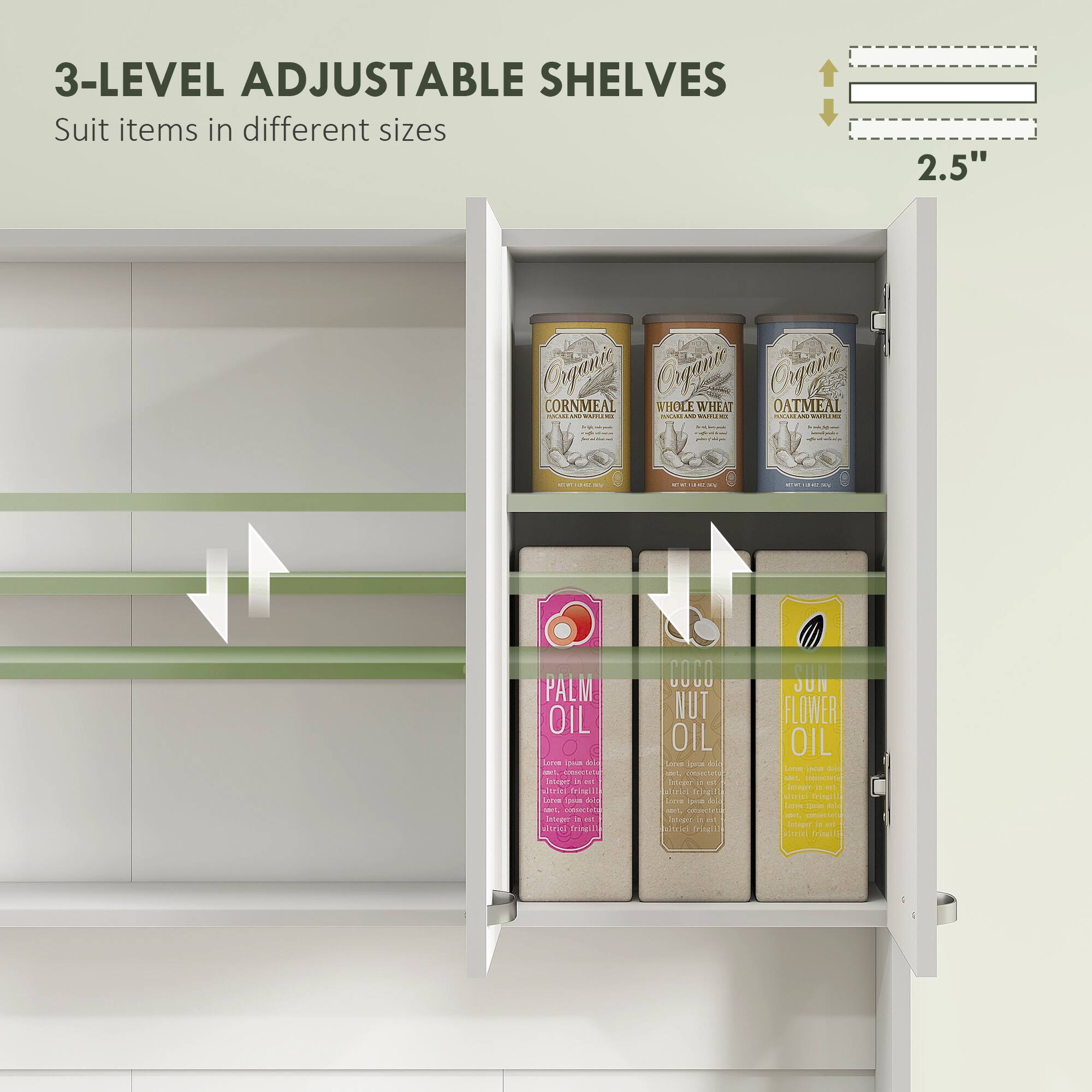 3-LEVEL ADJUSTABLE SHELVES Suit items in different sizes 2.5" Organic CORNMEAL Organic WHOLE WHEAT Organic OATMEAL : M  : MUCN | - : - I PALM OIL LVE - al L c Detrani a a wntie frimil LR  mI - cassrat CUBIT a a. strai E COCO NUT OIL Lena a a % CN Didven .. -d I N -  - CVE otiae - - tnid Trneit JUN FLOWER OIL Loce  A -.. esa Iecege - wet weses trines Larvs - A - C cauor 1 - as driato