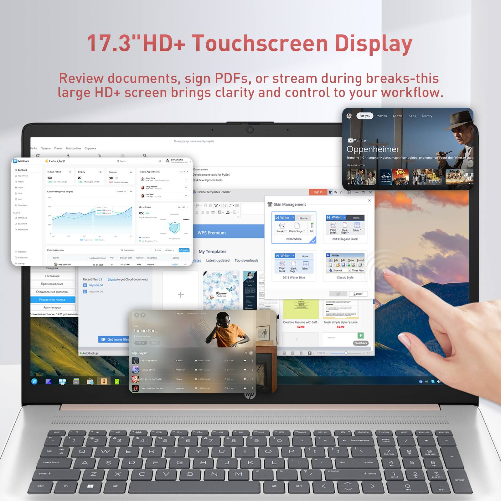 17.3" HD+ Touchscreen Display

Review documents, sign PDFs, or stream during breaks-this large HD+ screen brings clarity and control to your workflow.