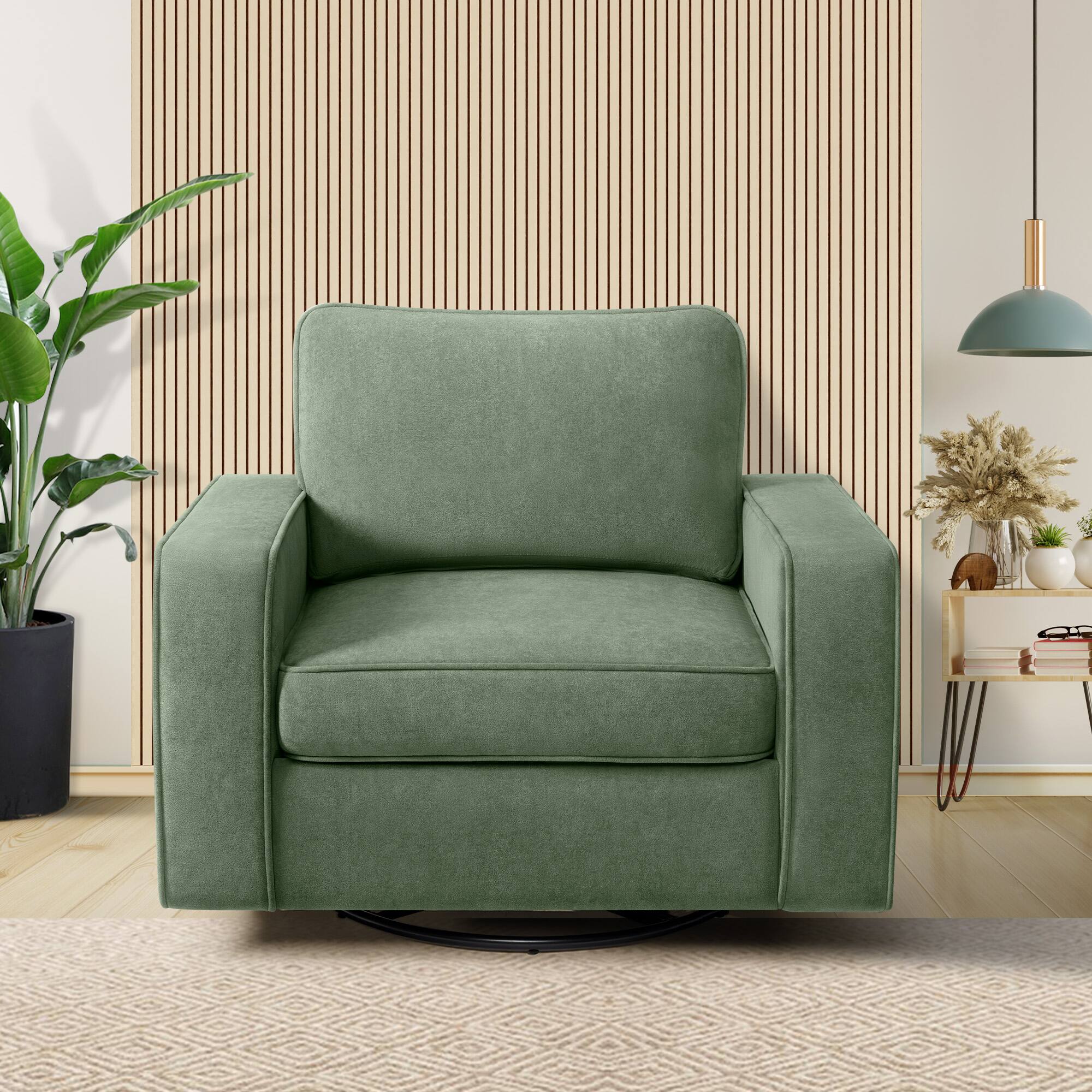 Alt View 3. KERDOM - Swivel Barrel Sofa Chair, Modern Single Sofa Lounge Bucket Armchair, Rotating Accent Sofa Rotation Base, Washable Pillow - Green.