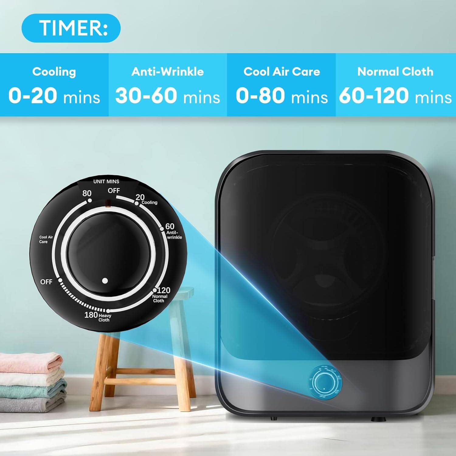 TIMER:

- Cooling: 0-20 mins
- Anti-Wrinkle: 30-60 mins
- Cool Air Care: 0-80 mins
- Normal Cloth: 60-120 mins

UNIT MINS

- OFF
- 20: Cooling
- 60: Anti-Wrinkle
- 120: Normal Cloth
- 180: Heavy Cloth