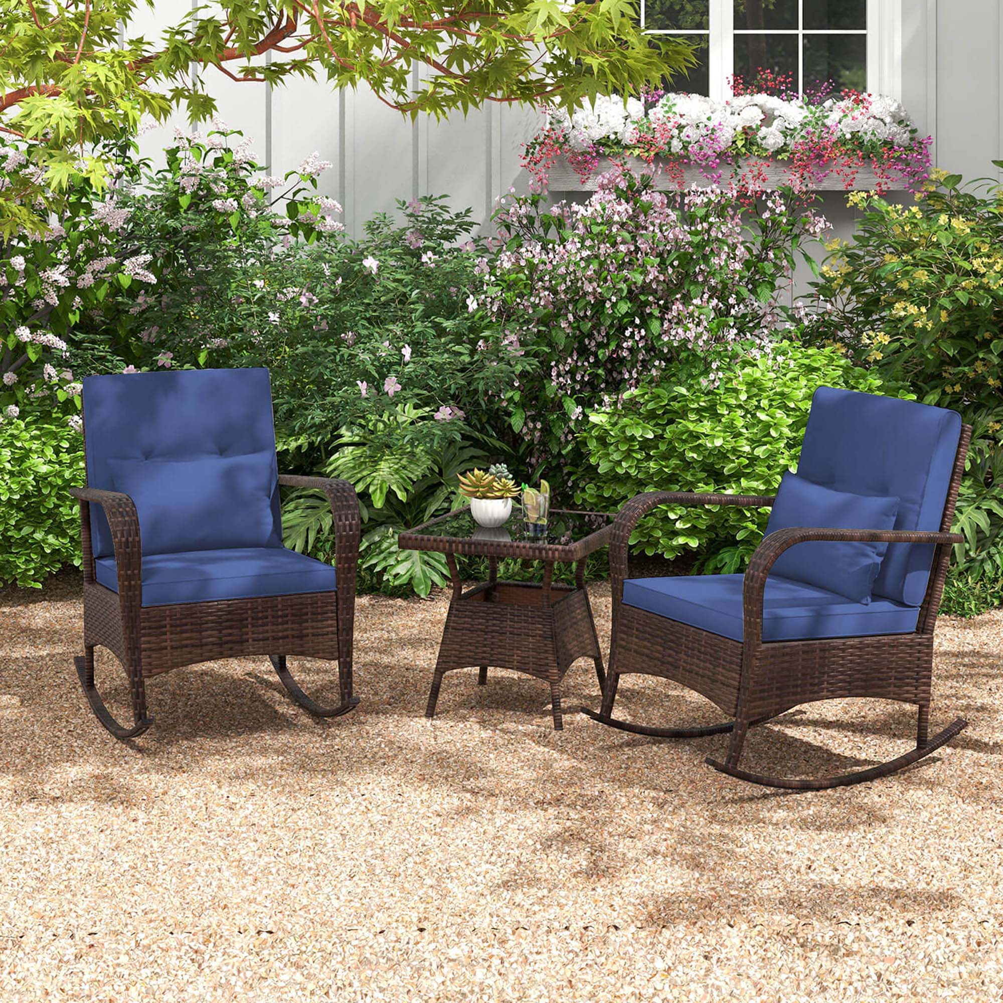 Alt View 3. Costway - Costway 3 PCS Rocking Bistro Set with Removable Cushions & Tempered Glass Top Coffee Table - Navy.