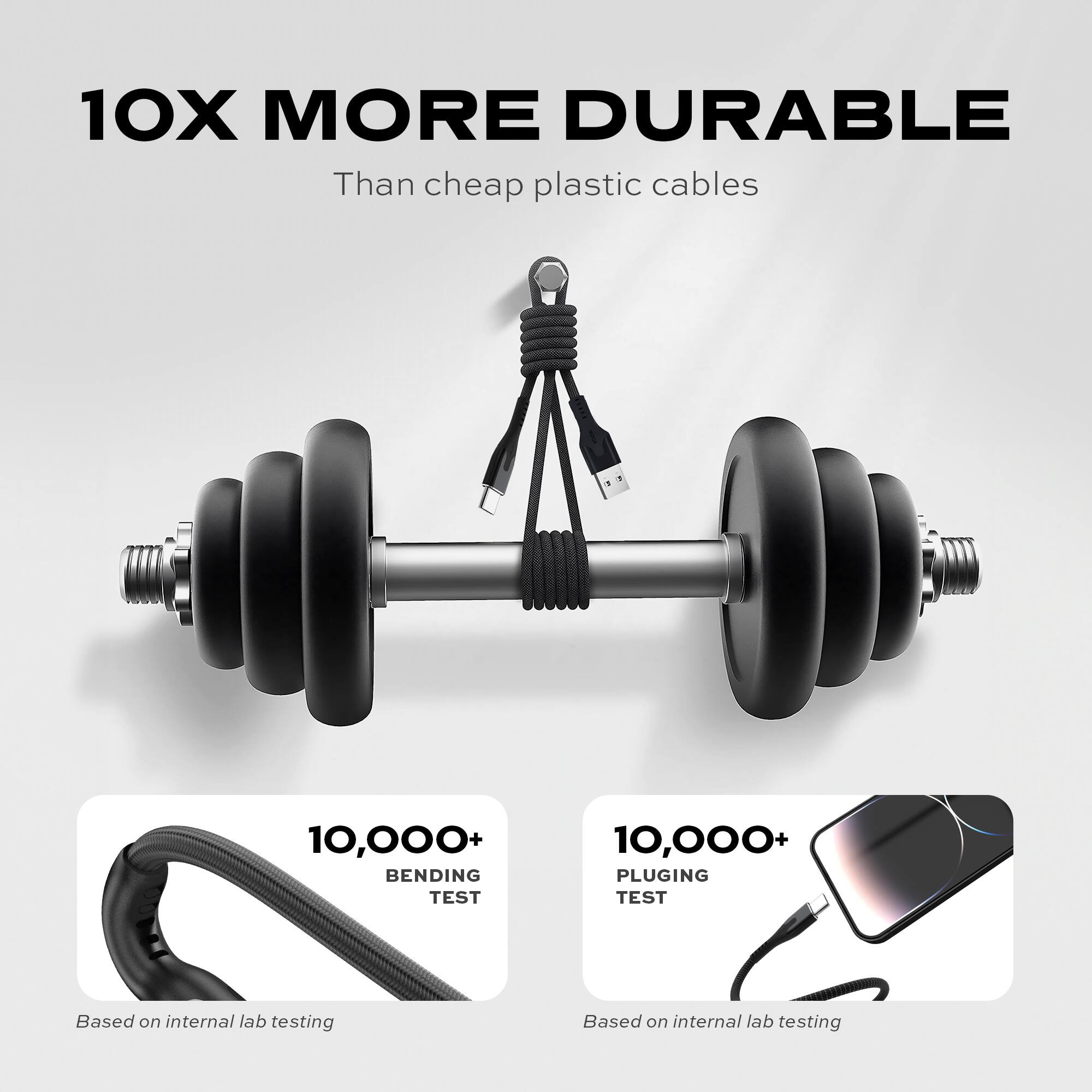 10X MORE DURABLE Than cheap plastic cables 10,000+ BENDING TEST 10,000+ PLUGGING TEST Based on internal lab testing Based on internal lab testing