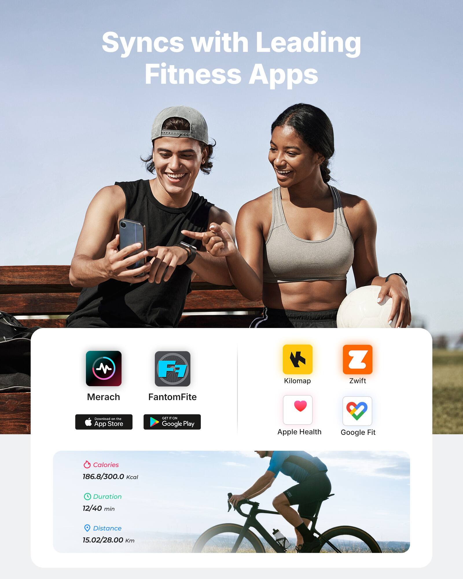 Syncs with Leading Fitness Apps

- F Kilomap Z Zwift Merach FantomFite
- App Store CAT 4 Cm Google Play
- Apple Health Google Fit
- Calories 186.8/300.0 Kcal
- Duration 12/40 min
- Distance 15.02/28.00 Km