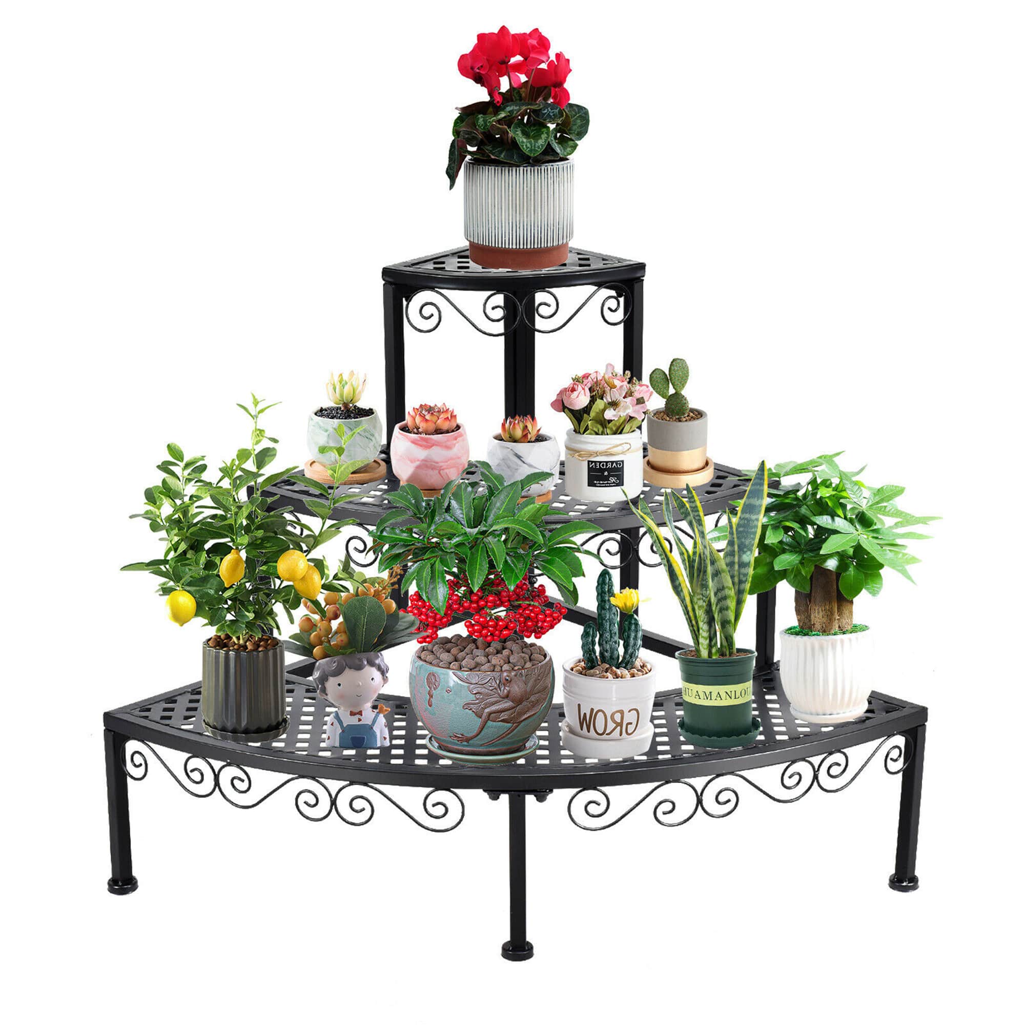 Gymax - 3 Tier Corner Metal Flower Pot Pots Rack Plant Shelf Display Stair Step Ladder - Black
