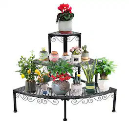 Gymax - 3 Tier Corner Metal Flower Pot Pots Rack Plant Shelf Display Stair Step Ladder - Black