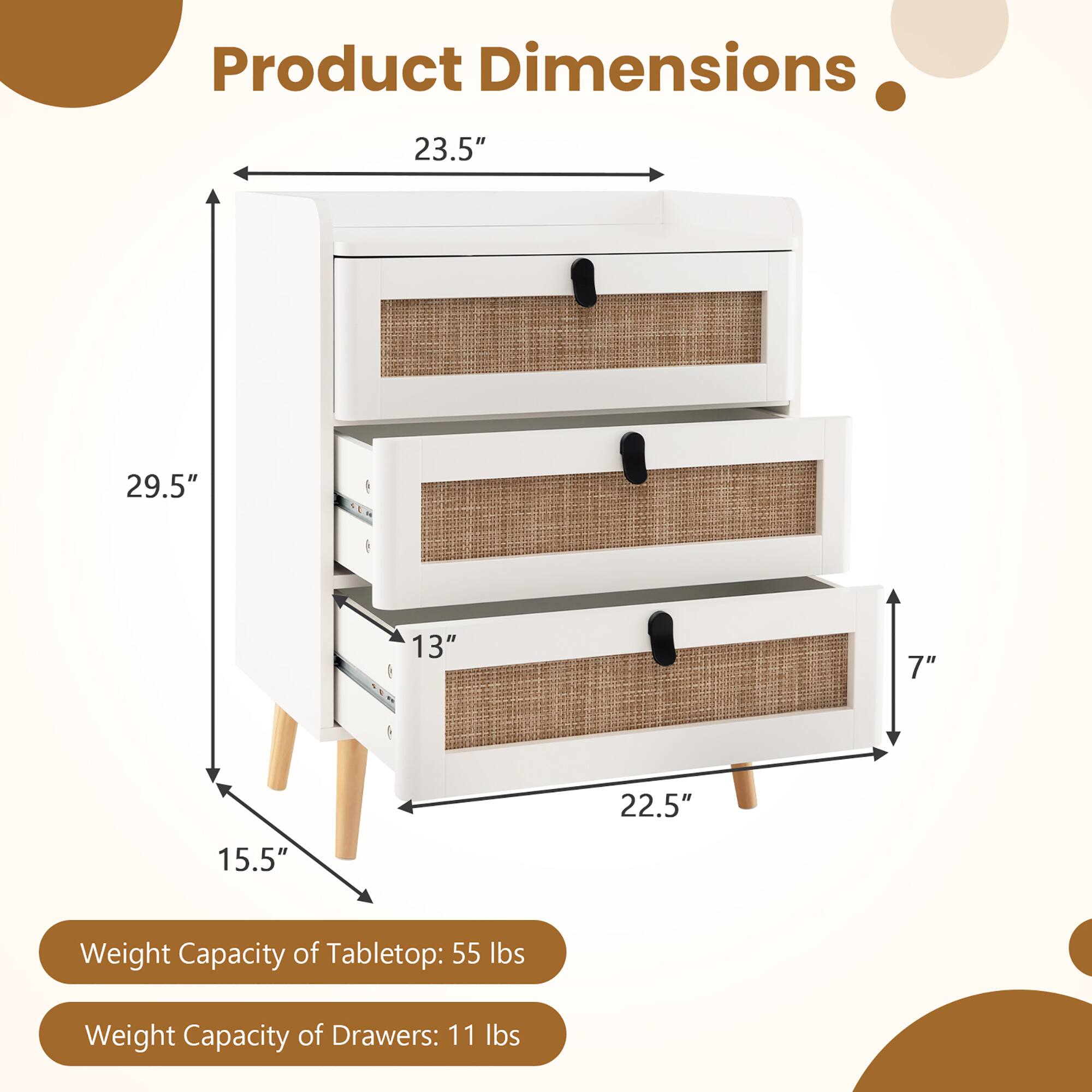 Product Dimensions: 23.5" x 29.5" x 13" x 7" x 22.5" x 15.5"
Weight Capacity of Tabletop: 55 lbs
Weight Capacity of Drawers: 11 lbs