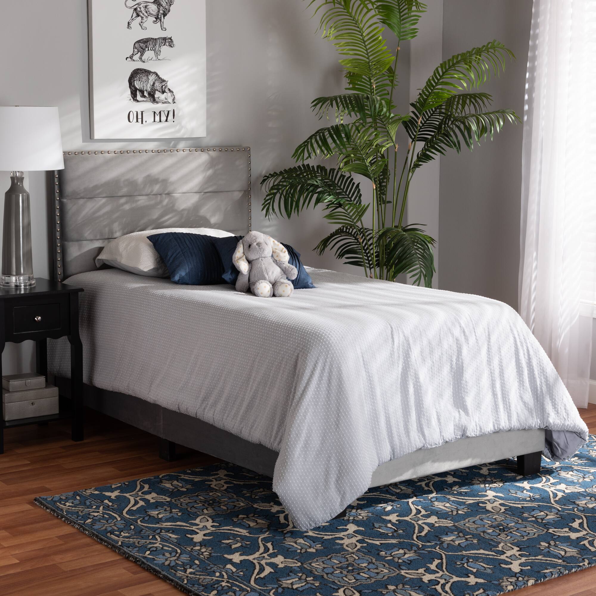 Alt View 2. Baxton Studio - Tamira Modern and Contemporary Glam Velvet Fabric Upholstered Twin Size Panel Bed - Grey/Black.
