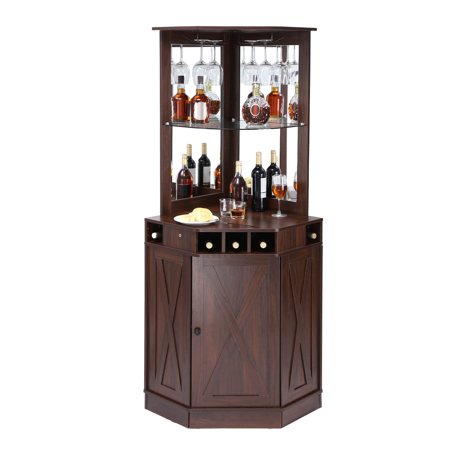Front. VEVOR - Corner Industrial Bar Cabinet, Wine Table for Liquor & Glasses, Sideboard Buffet Cabinet with Glass Holder - Brown.