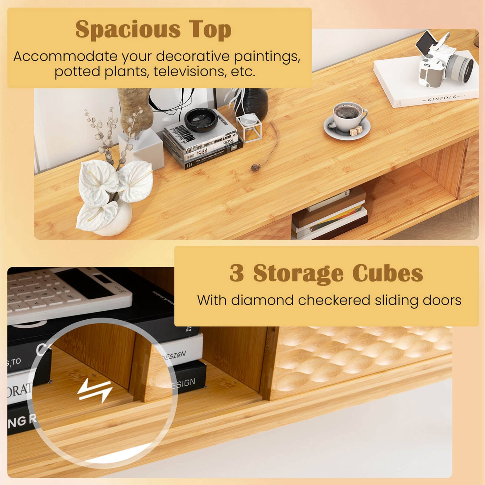 The text on the image is grouped and corrected as follows:

Spacious Top: Accommodate your decorative paintings, potted plants, televisions, etc.

KINFOLK MP TAN - AO Rbex -S 1M4 - VDA - . - . - . - . - . - . - . - . - . - . - . - . - . - . - . - . - . - . - . - . - . - . - . - . - . - . - . - . - . - . - . - . - . - . - . - . - . - . - . - . - . - . - . - . - . - . - . - . - . - . - . - . - . - . - . - . - . - . - . - . - . - . - . - . - . - . - . - . - . - . - . - . - . - . - . - . - . - . - . - . - . - . - . - . - . - . - . - . - . - . - . - . - . - . - . - . - . - . - . - . - . - . - . - . - . - . - . - . - . - . - . - . - . - . - . - . - . - . - . - . - . - . - . - . - . - . - . - . - . - . - . - . - . - . - . - . - . - . - . - . - . - . - . - . - . - . - . - . - . - . - . - . - . - . - . - . - . - . - . - . - . - . - . - . - . - . - . - . - . - . - . - . - . - . - . - . - . - . - . - . - . - . - . - . - . - . - . - . - . - . - . - . - . - . - . - . - . - . - . - . - . - . - . - . - . - . - . - . - . - . - . - . - . - . - . - . - . - . - . - . - . - . - . - . - .