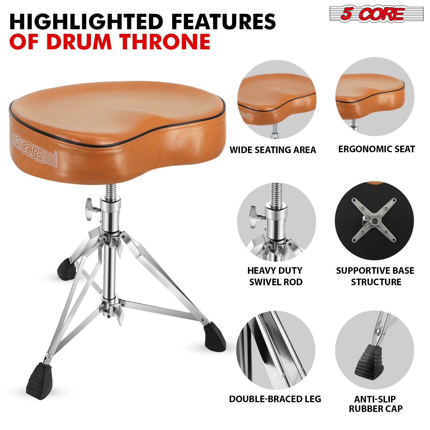 HIGHLIGHTED FEATURES OF DRUM THRONE

- WIDE SEATING AREA
- ERGONOMIC SEAT
- HEAVY DUTY SWIVEL ROD
- SUPPORTIVE BASE STRUCTURE
- DOUBLE-BRACED LEG
- ANTI-SLIP RUBBER CAP

5 CORE