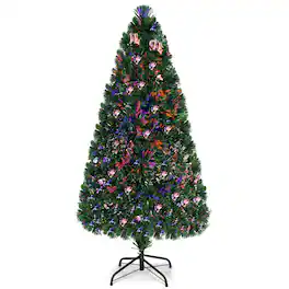 Costway - 5Ft Pre-Lit Fiber Optic PVC Christmas Tree Metal Holiday - Green