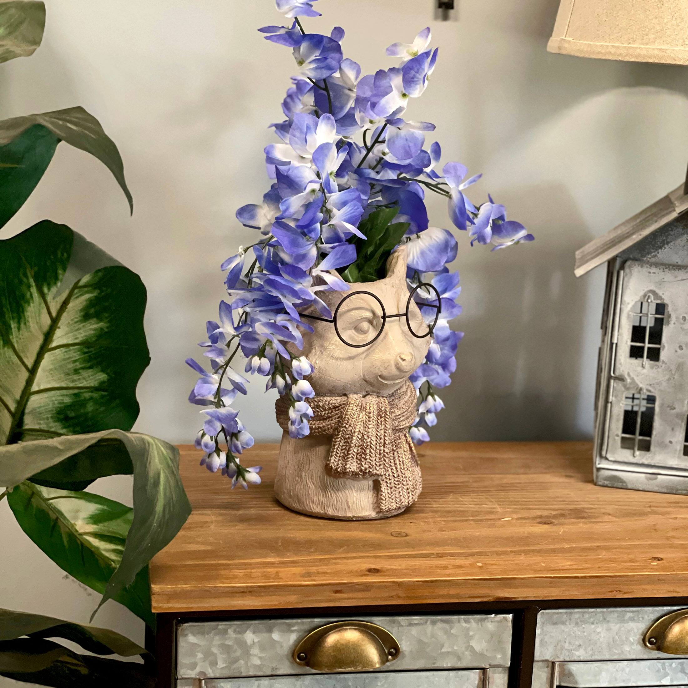 Alt View 3. Things2Die4 - Bespectacled Fox Cement Vase 8.25in – Cute Fox Planter, Animal Flower Pot, Gift - Taupe.