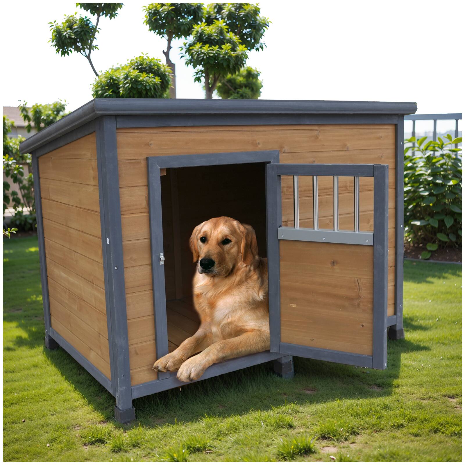 Angle. Siljoy - 45" Solid Wood Dog House, Large PVC Waterproof Roof & Lockable Door, Elevated Floor for Big Dogs.