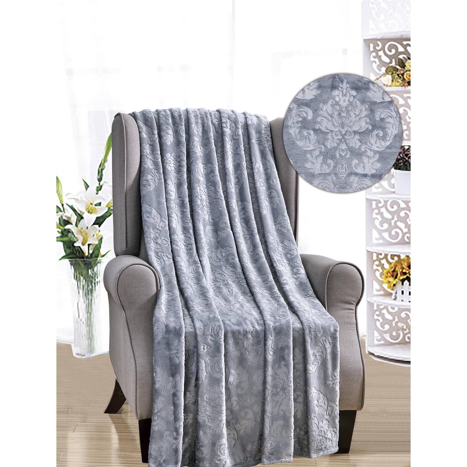 Noble House - Versailles Ultra Soft Plush Contemporary Embossed Pattern All Season 50" x 60" Throw Blanket - Grey
