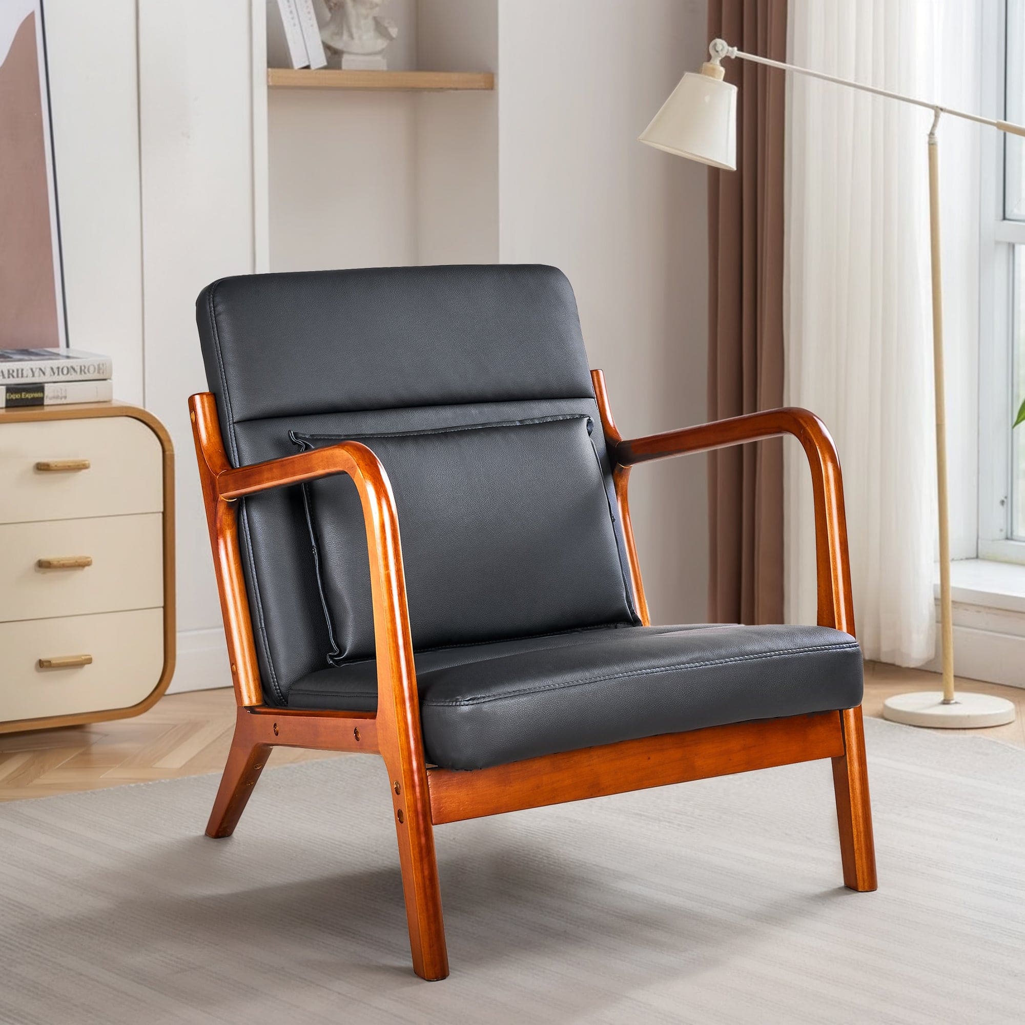 Vecelo - Mid Century Faux Leather Accent Chair, Modern Lounge Armchair for Living Room Bedroom - Black