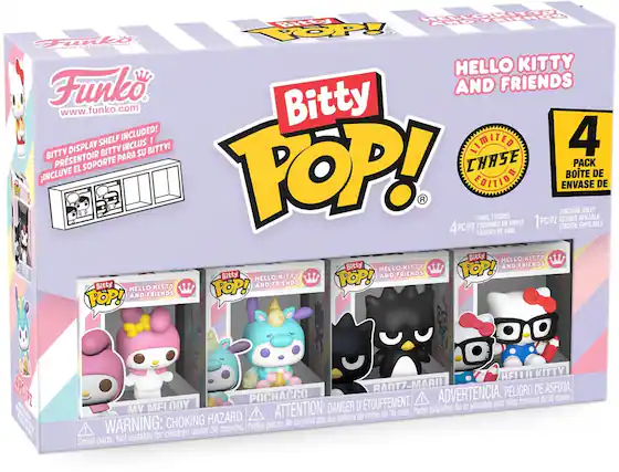 Sure, here is the corrected and grouped text from the image:
---
**Funko**
www.funko.com
**Bitty POP!**
HELLO KITTY AND FRIENDS
**BITTY DISPLAY SHELF INCLUDED!**
INCLUIVE EL SOPORTE PARA SU BITTY!
**LIMITED EDITION**
CHASE
**4 PACK**
4 PC/PZ
VINYL FIGURES
FIGURINES EN VINYLE
FIGURES DE VINIL
1 PC/PZ
STACKING SHELF
ESTANTE APILABLE
ETAGERE EMPILABLE
**WARNING: CHOKING HAZARD**
Small parts. Not suitable for children under 36 months.
ADVERTENCIA: PELOIGR DE ASFIXIA.
ATTENTION: DANGER D'ÉTOUFFEMENT.
HAZARD.
36 months. Petites pièces. Ne conviennent pas aux enfants de moins de 36 mois.
**Bitty POP!**
HELLO KITTY AND FRIENDS
MY MELODY
POCHACCO
RANTZ-MARI
HELLO KITTY
---
This text is organized to reflect the information on