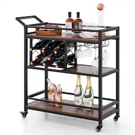 Ecooso - 3-Tier Bar Cart on Wheels Home Serving Cart with Wine Rack and Glass Holder - Brown