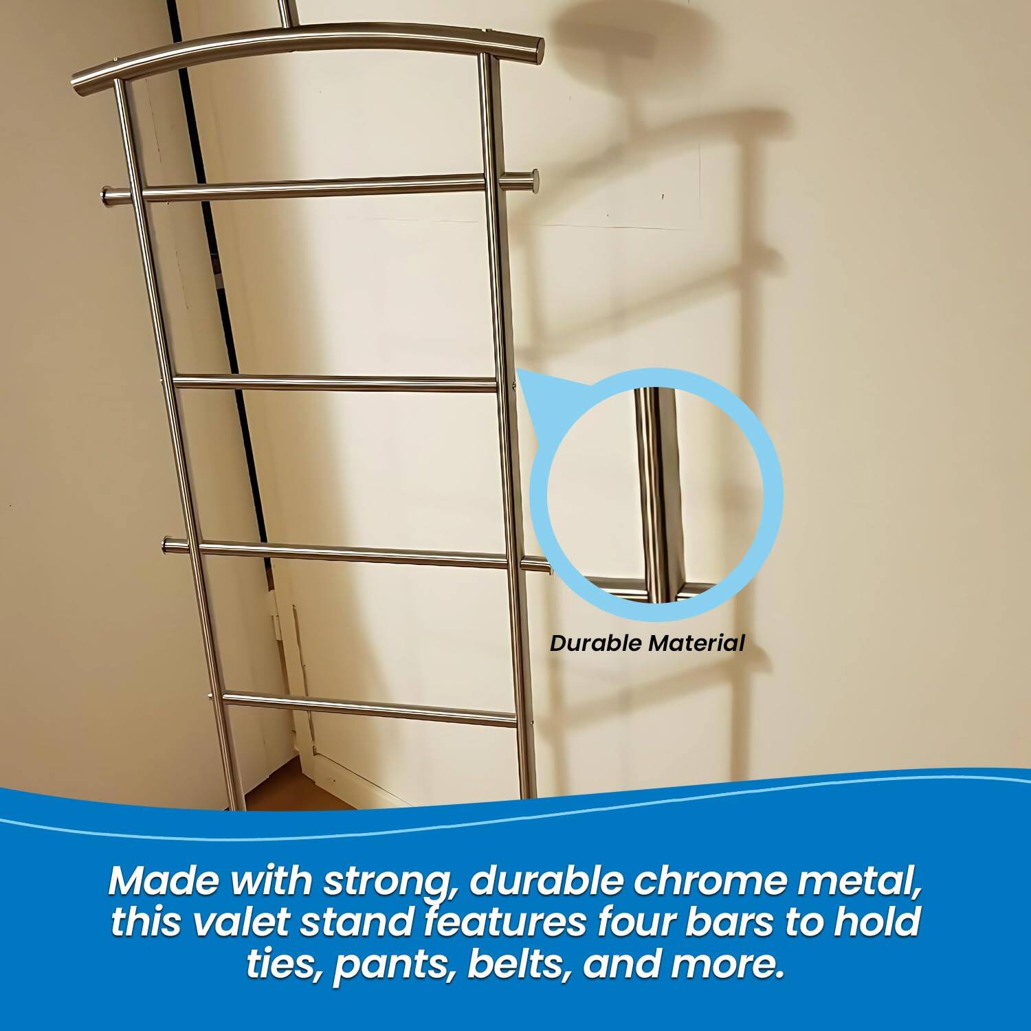 Made with strong, durable chrome metal, this valet stand features four bars to hold ties, pants, belts, and more.