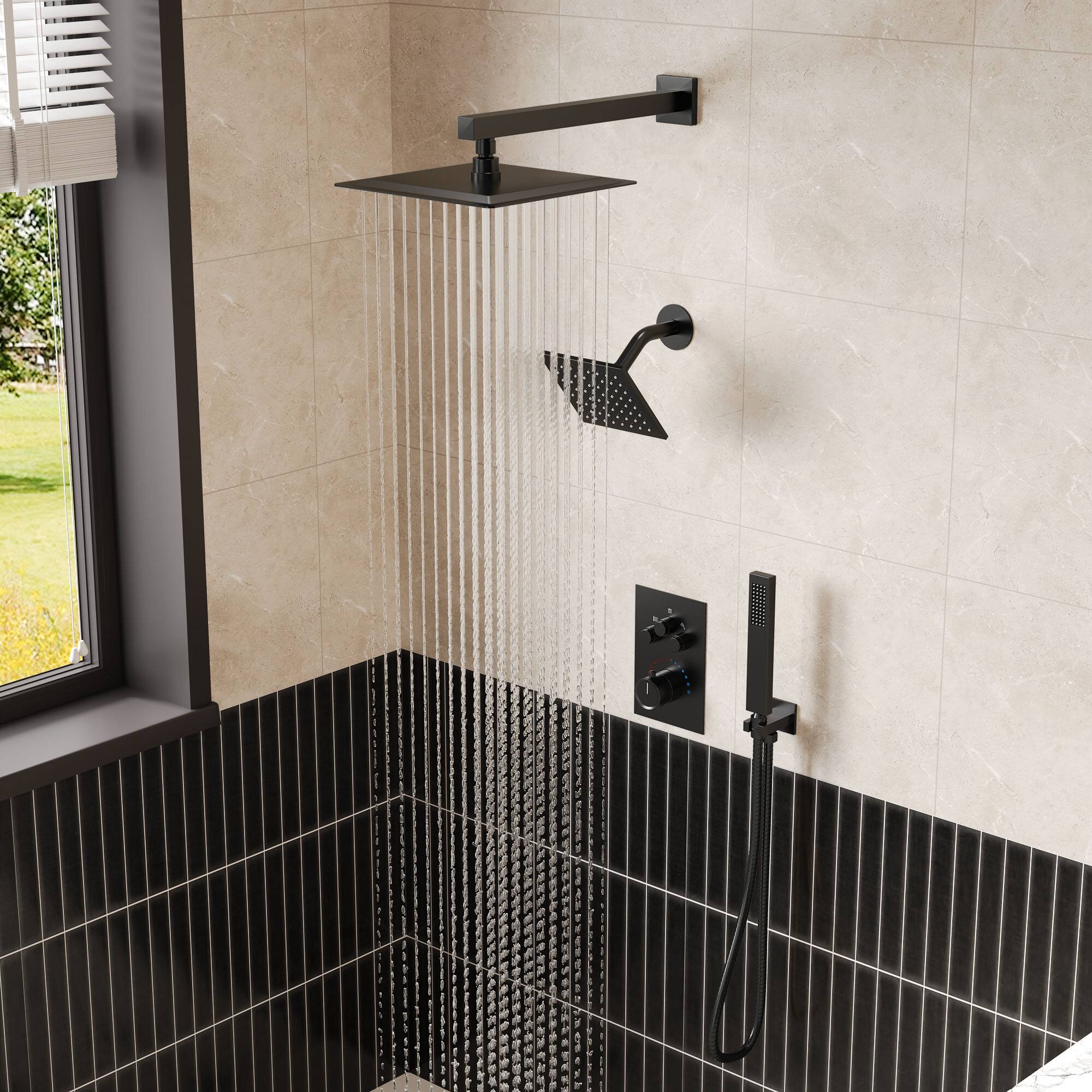 Alt View 4. GRANDJOY - 12" Dual Rain Shower System with Handheld Shower, Thermostatic Valve and 3 Function Diverter Faucet Set - Matte Black.