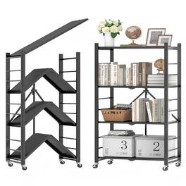 Sugift - 4-Tier Foldable Storage Shelves, Metal Storage Rack with Wheels and Hooks - Black