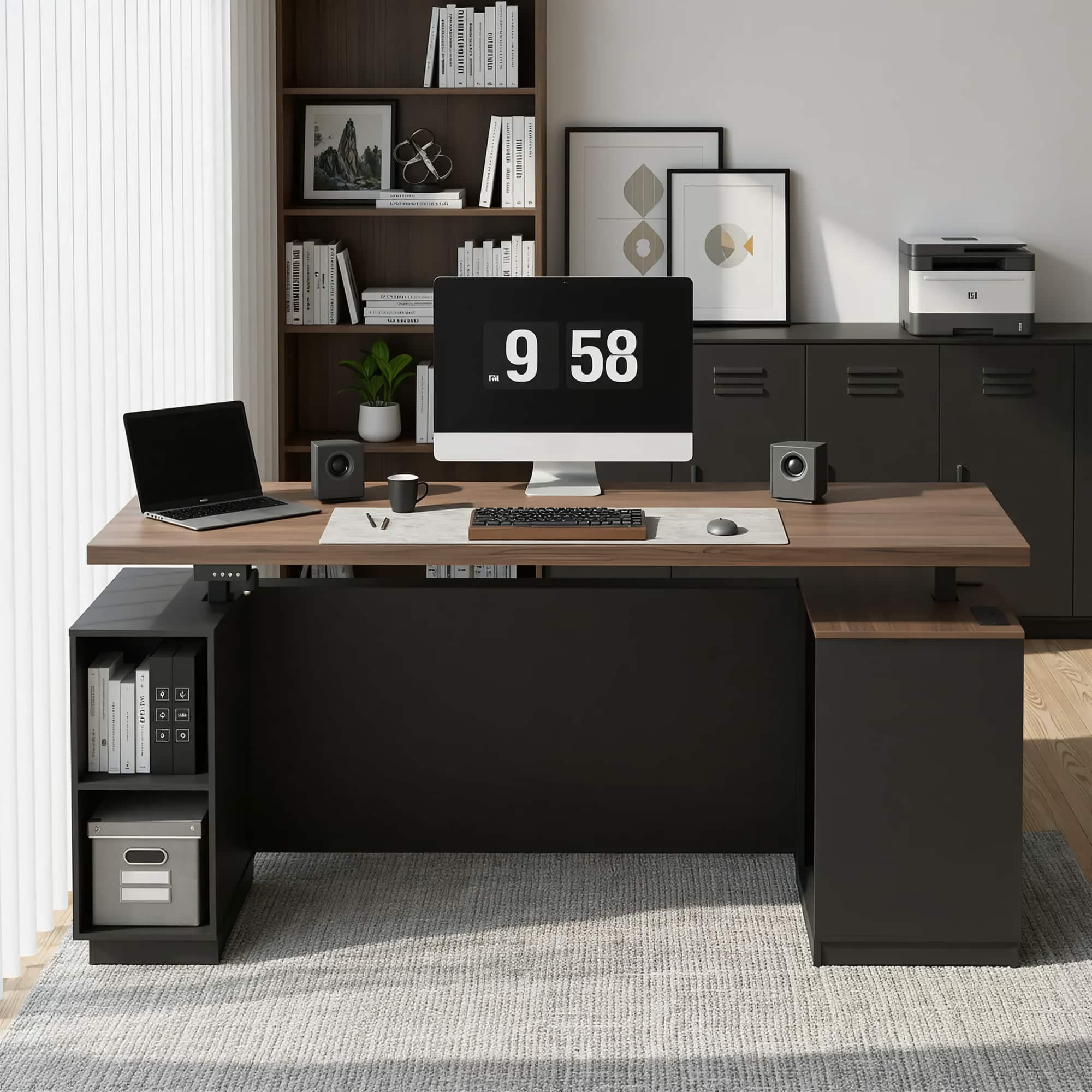 ModernMate - 71" Standing Executive Desk with Privacy Panel, Charging Station and File Cabinet Storage - Black Walnut