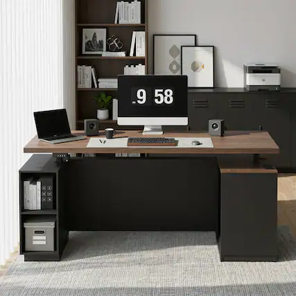 Front. ModernMate - 71" Standing Executive Desk with Privacy Panel, Charging Station and File Cabinet Storage, Black Walnut - Black Walnut.