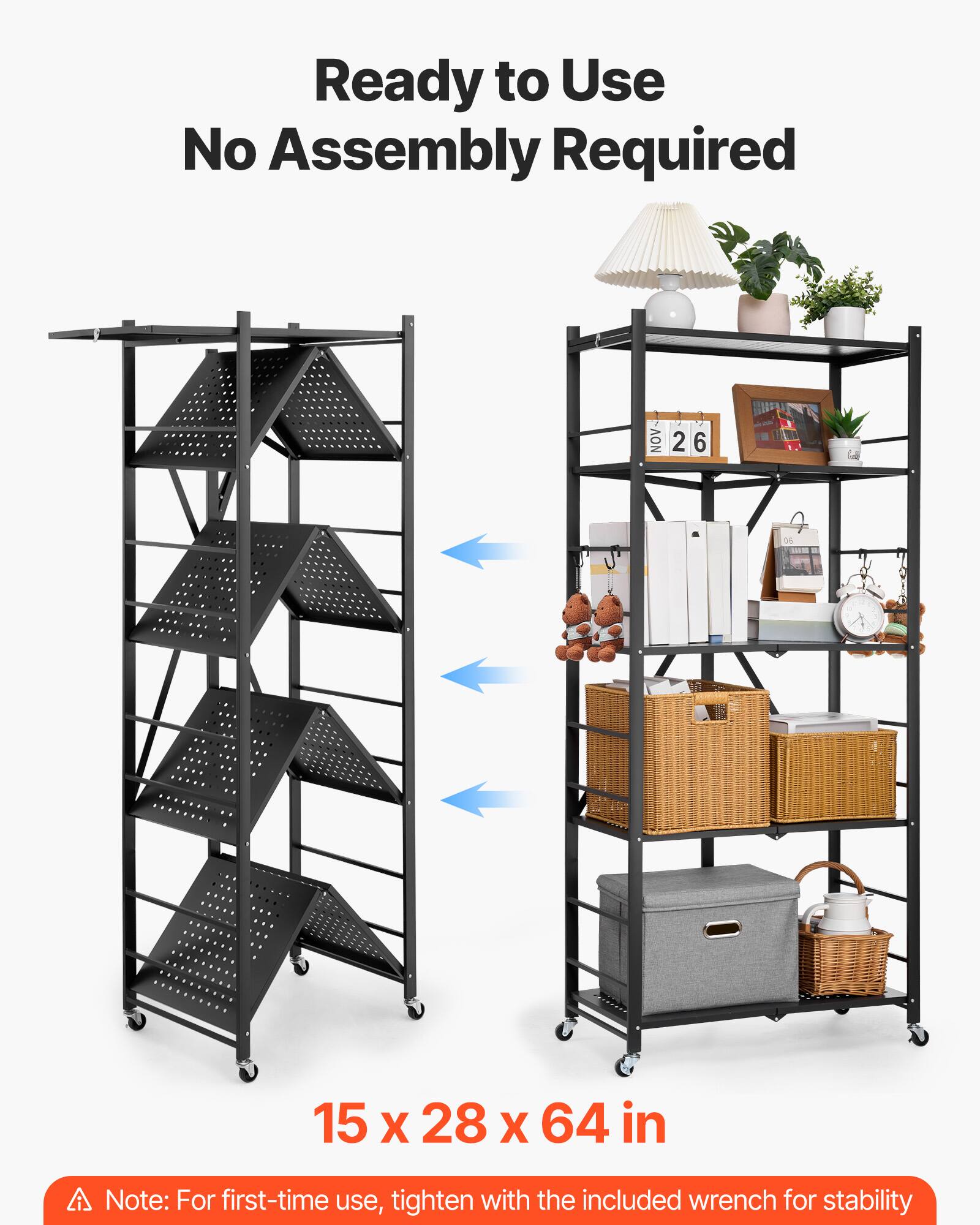 Ready to Use, No Assembly Required, 15 x 28 x 64 in, A Note: For first-time use, tighten with the included wrench for stability