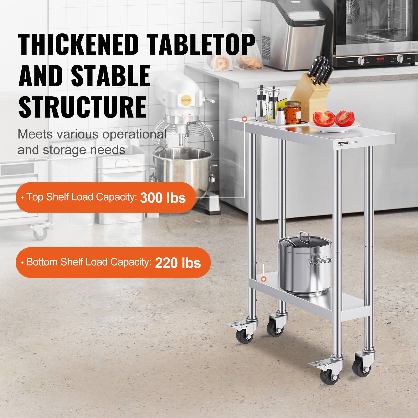 THICKENED TABLETOP AND STABLE STRUCTURE Meets various operational and storage needs | Top Shelf Load Capacity: 300 lbs Bottom Shelf Load Capacity: 220 lbs