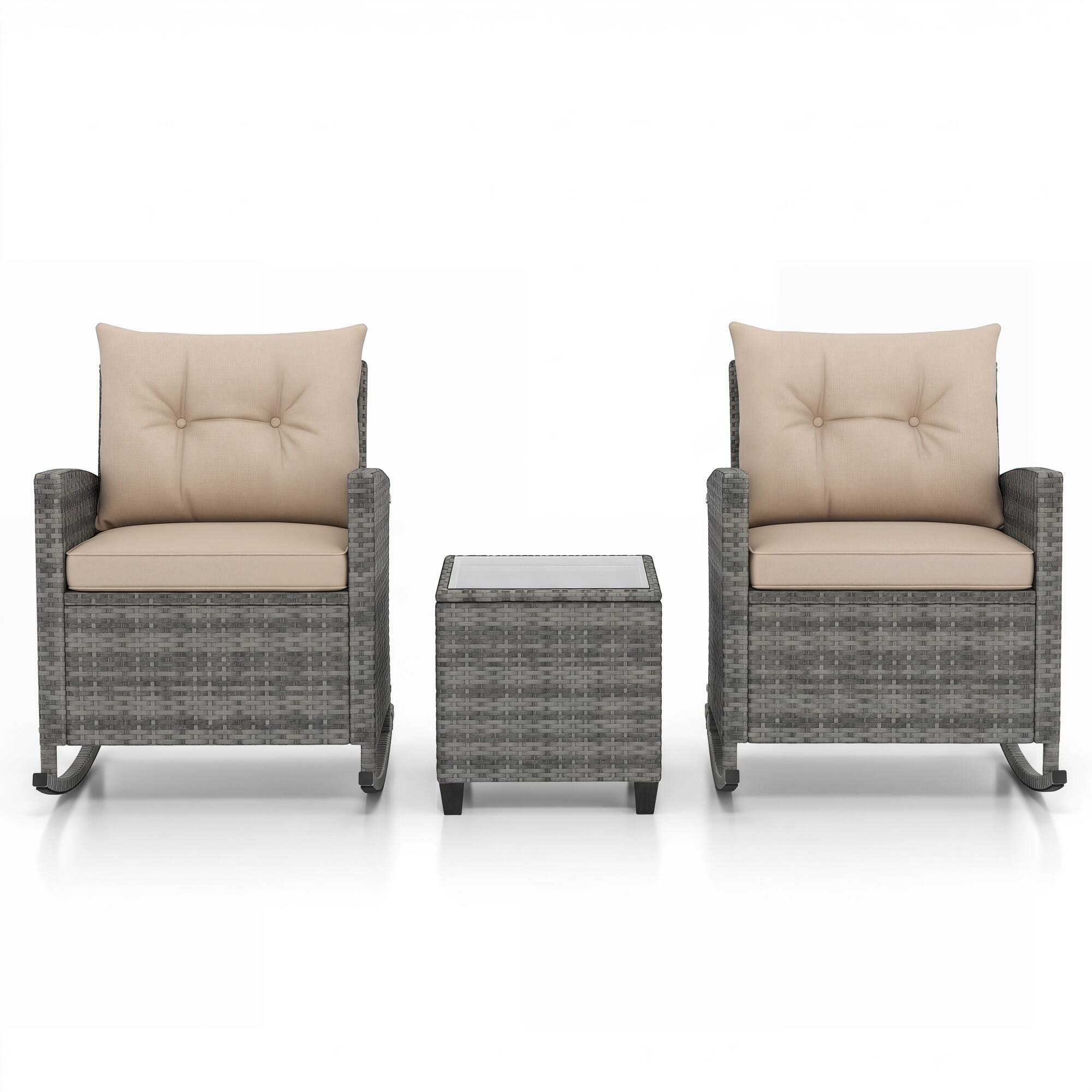 Alt View 9. Gymax - Gymax 3 PCS Patio Wicker Rocking Set w/ Tempered Glass Table & Soft Cushions Outdoor Mix Gray & Beige - Beige.