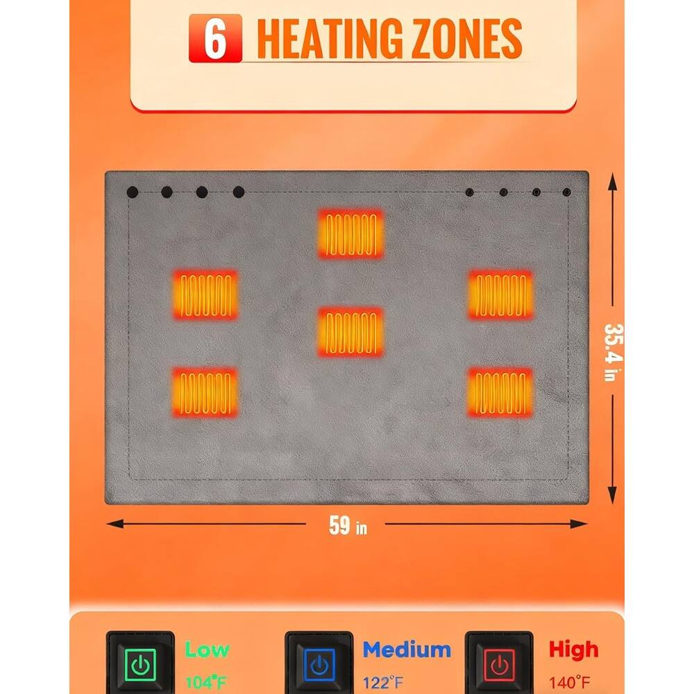 6 HEATING ZONES  
35.4 in x 59 in  
Low 104°F  
Medium 122°F  
High 140°F