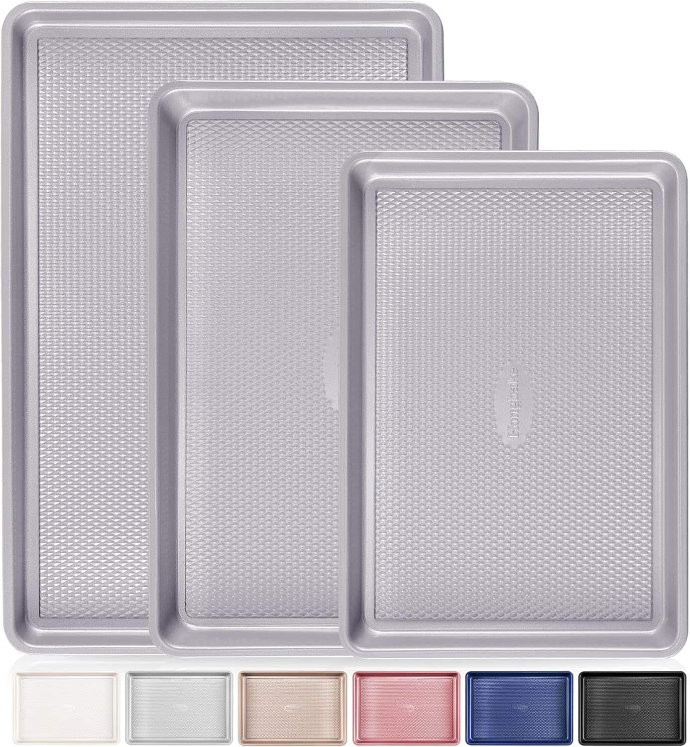 HONGBAKE - 3 Pack Nonstick Ceramic Baking Sheet Pan Set for Oven, Heavy Duty 0.8mm Thick Aluminized Steel Cookie Trays for Cooking - Gray