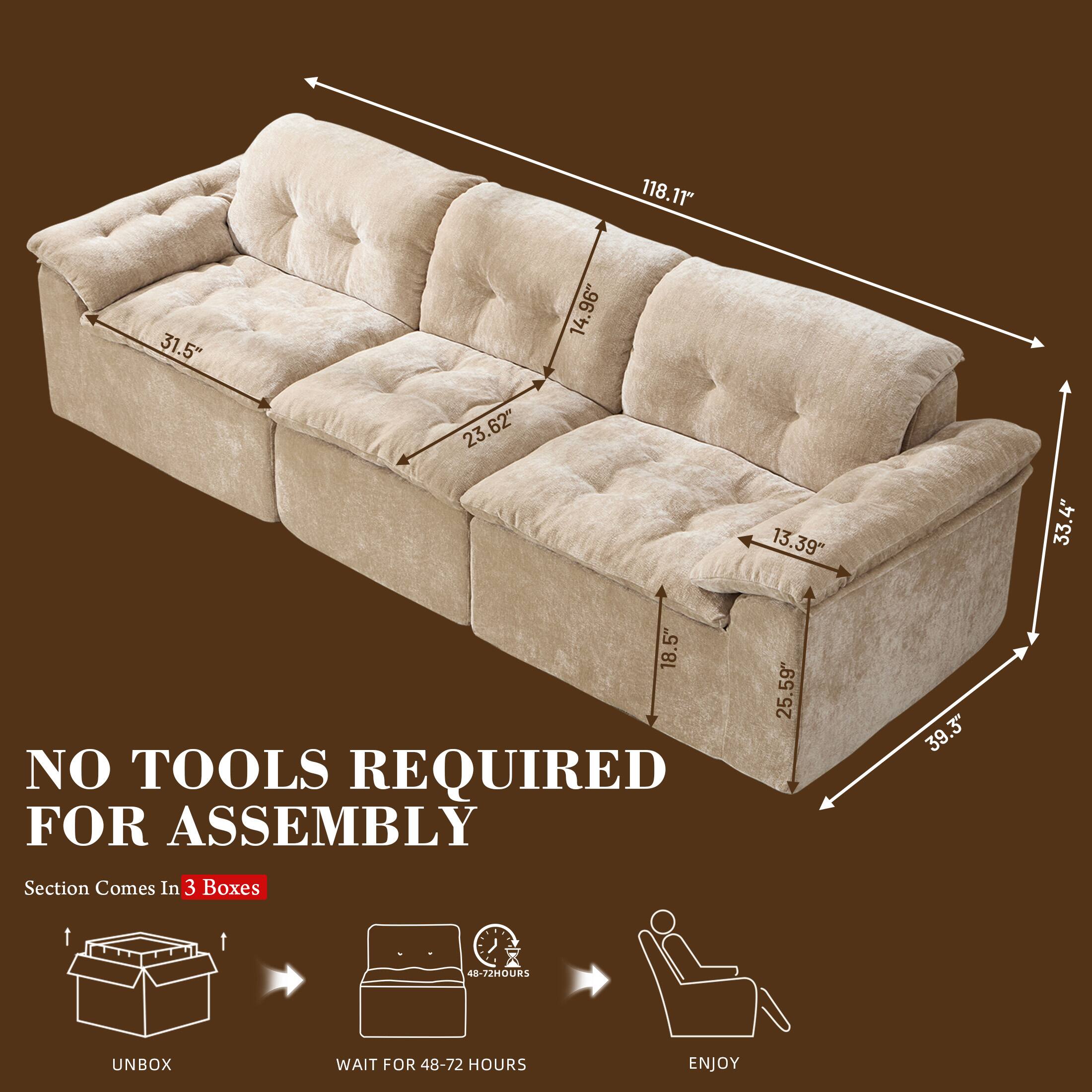 118.11" 31.5" 14.96" 23.62" 62" 13.39" 33.4" 18.5"  
NO TOOLS REQUIRED FOR ASSEMBLY  
25.59" 39.3" 3"  
Section Comes In 3 Boxes  
UNBOX  
WAIT FOR 48-72 HOURS  
ENJOY