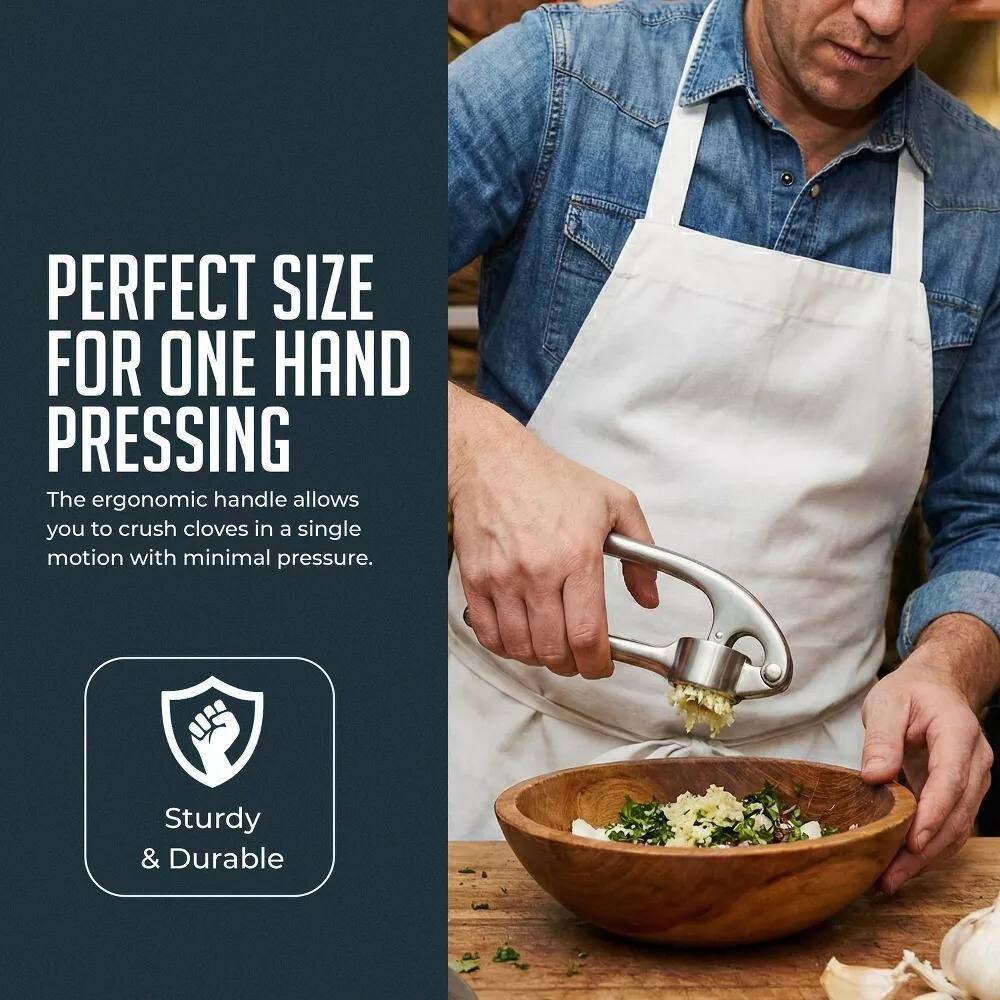 PERFECT SIZE FOR ONE HAND PRESSING

The ergonomic handle allows you to crush cloves in a single motion with minimal pressure.

Sturdy & Durable