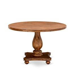 East West Furniture - IRVING Round Dining Table with Pedestal, Rustic Rubberwood Table in Sandblasting Antique Walnut - Multi-Color
